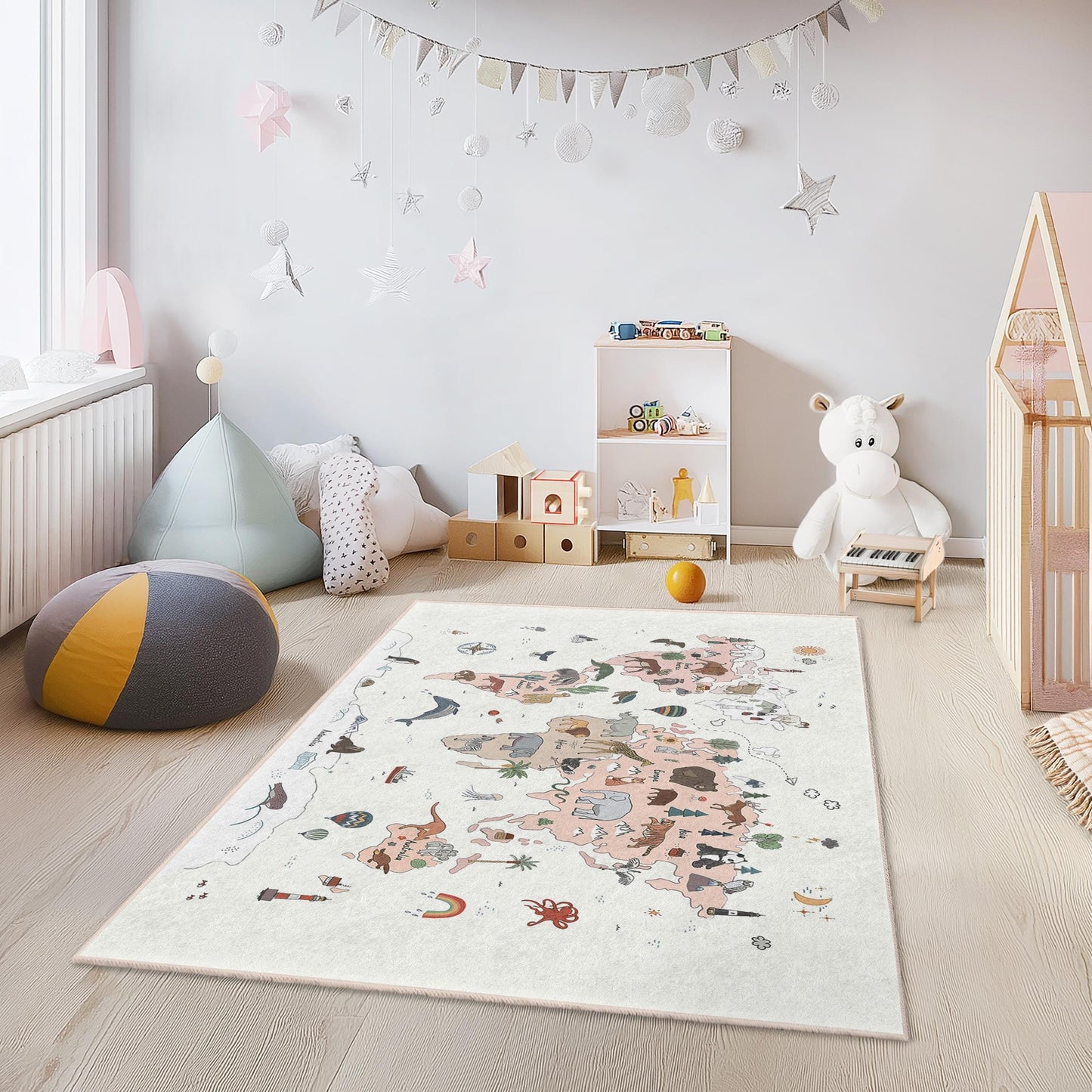 Whimsical Animal Map Kids Rug, Colorful Animal Themed Rug, Fun Playroom Carpet, Rectangular Kids Room Decor, Nursery Rug