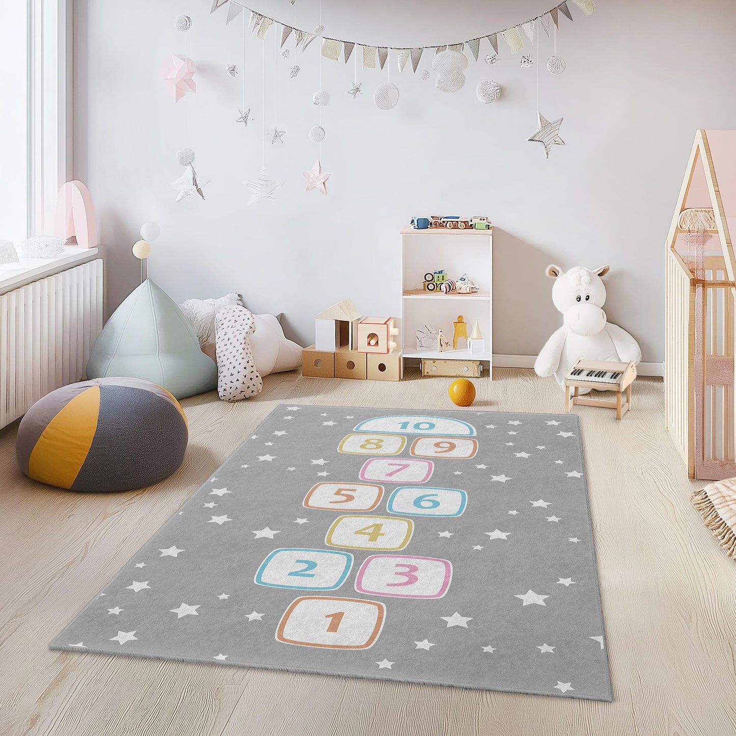 Hopscotch Pattern Kid's Rectangular Rug, Playroom Decor, Soft Carpet for Children's Room, Fun Educational Mat, Nursery Rug