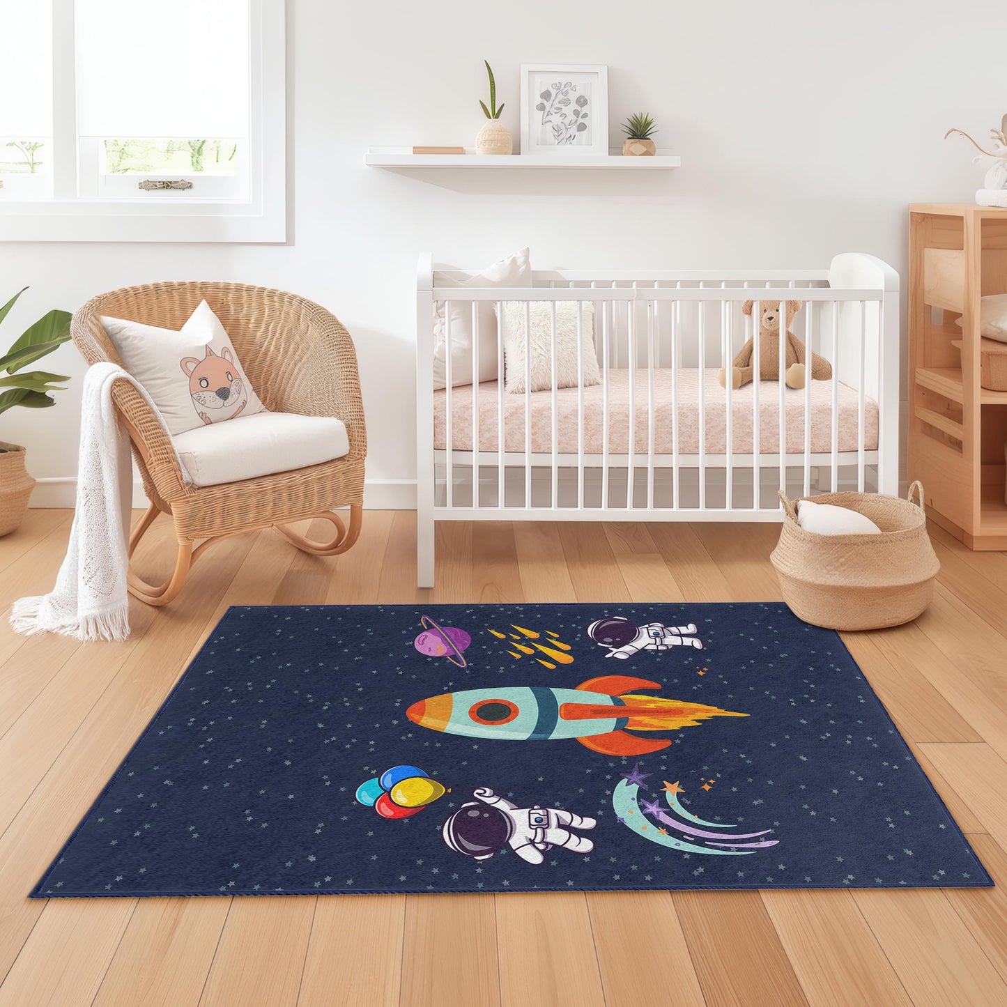 Space Adventure Kids Rug, Astronaut Rocket Carpet for Playroom, Kids Room Decor, Fun Galaxy Rug, Toddler Bedroom Mat