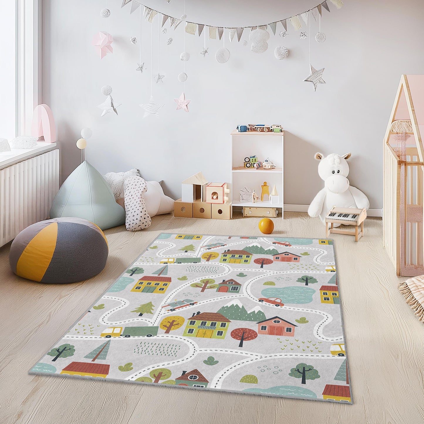 Colorful Town Road Map Play Rug, Interactive Kids Rectangle Rug, Fun Playroom Carpet, Nursery Decor, Soft Childrens Rug