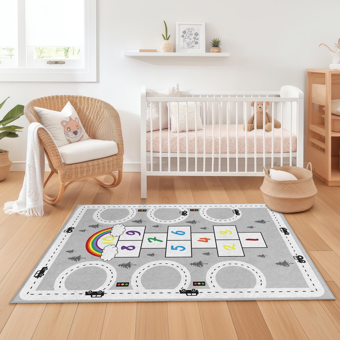 Rainbow Hopscotch Kids Rug, Interactive Play Mat for Children, Soft Rectangle Rug, Nursery Decor, Playroom Carpet, Educational Rug