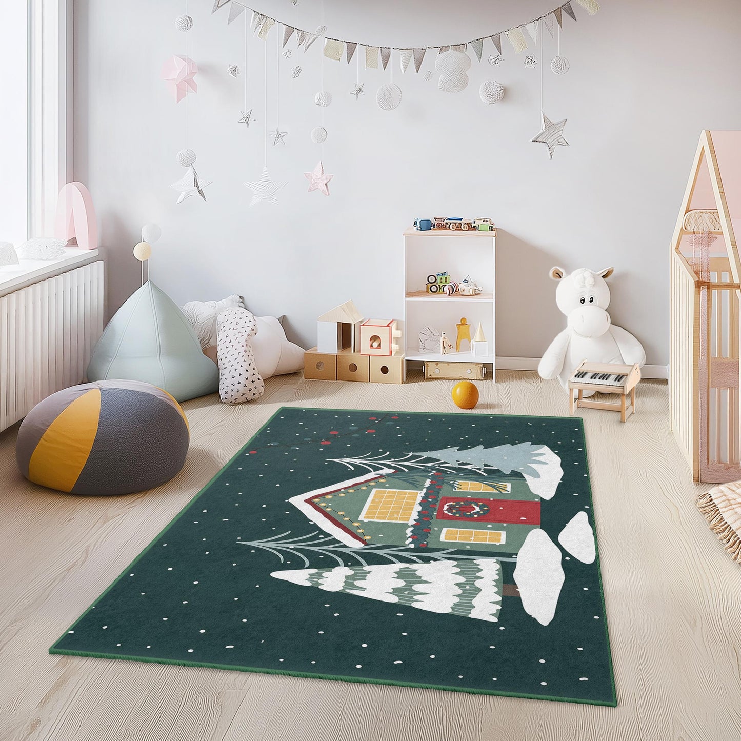 Winter Wonderland Rectangular Kids Rug, Cozy Holiday Home Decor, Christmas Themed Carpet for Children's Room, Soft Play Mat