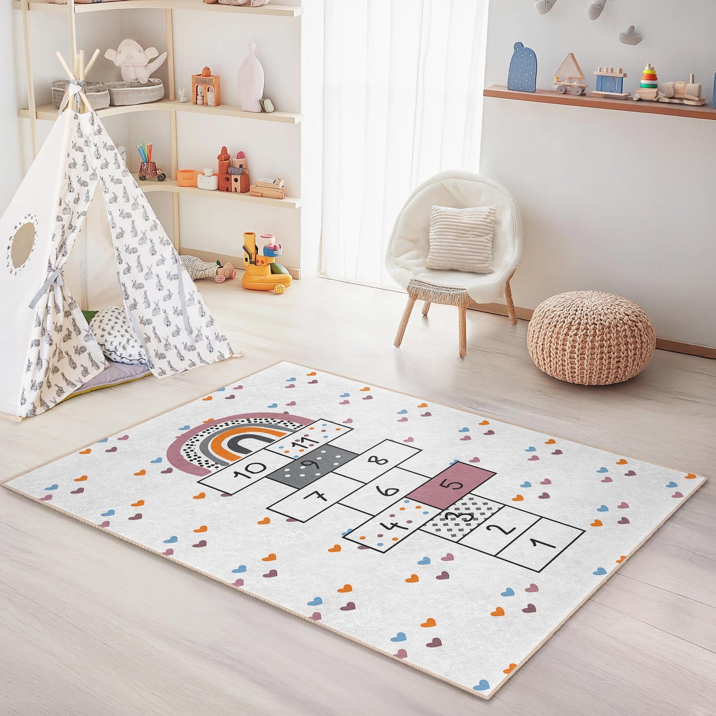 Rainbow Hopscotch Play Rug, Kids Room Carpet, Rectangular Play Mat, Soft Touch Nursery Rug, Fun Learning Decor
