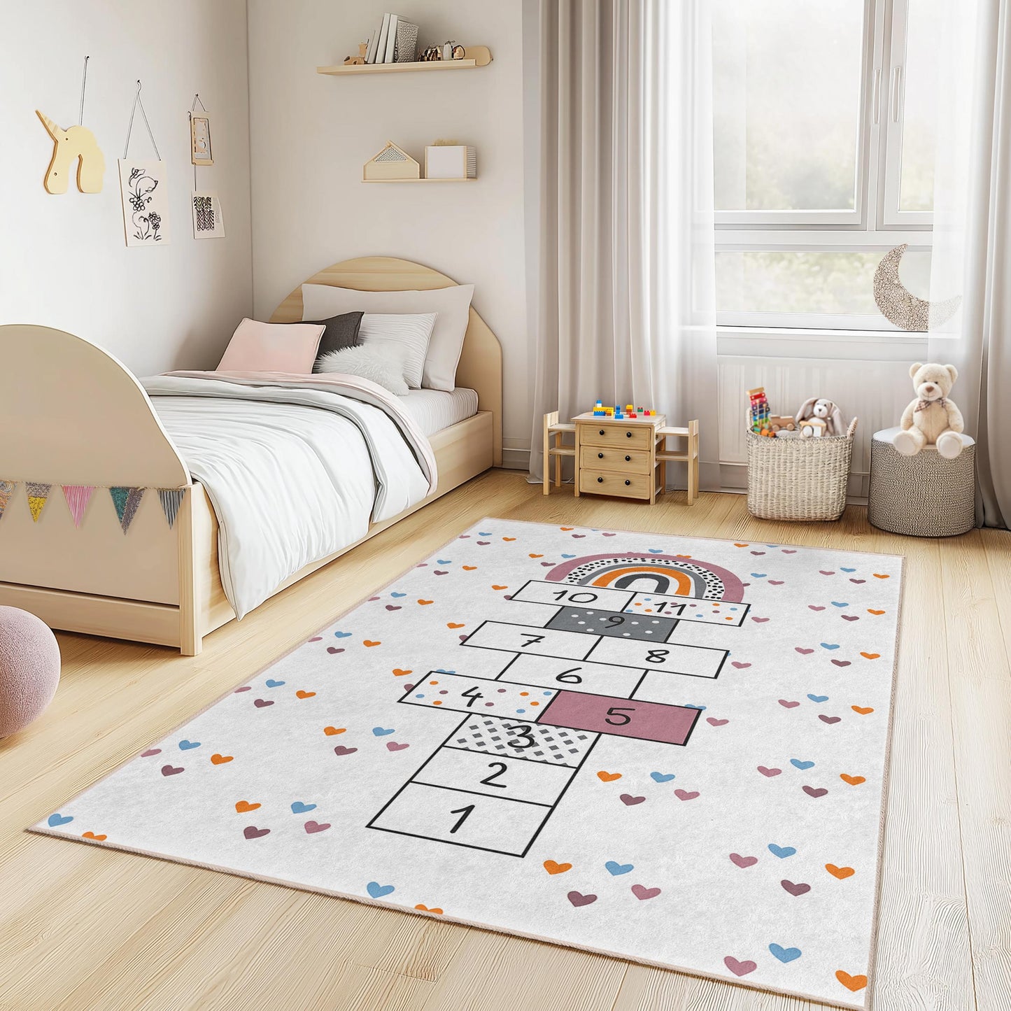 Rainbow Hopscotch Play Rug, Kids Room Carpet, Rectangular Play Mat, Soft Touch Nursery Rug, Fun Learning Decor