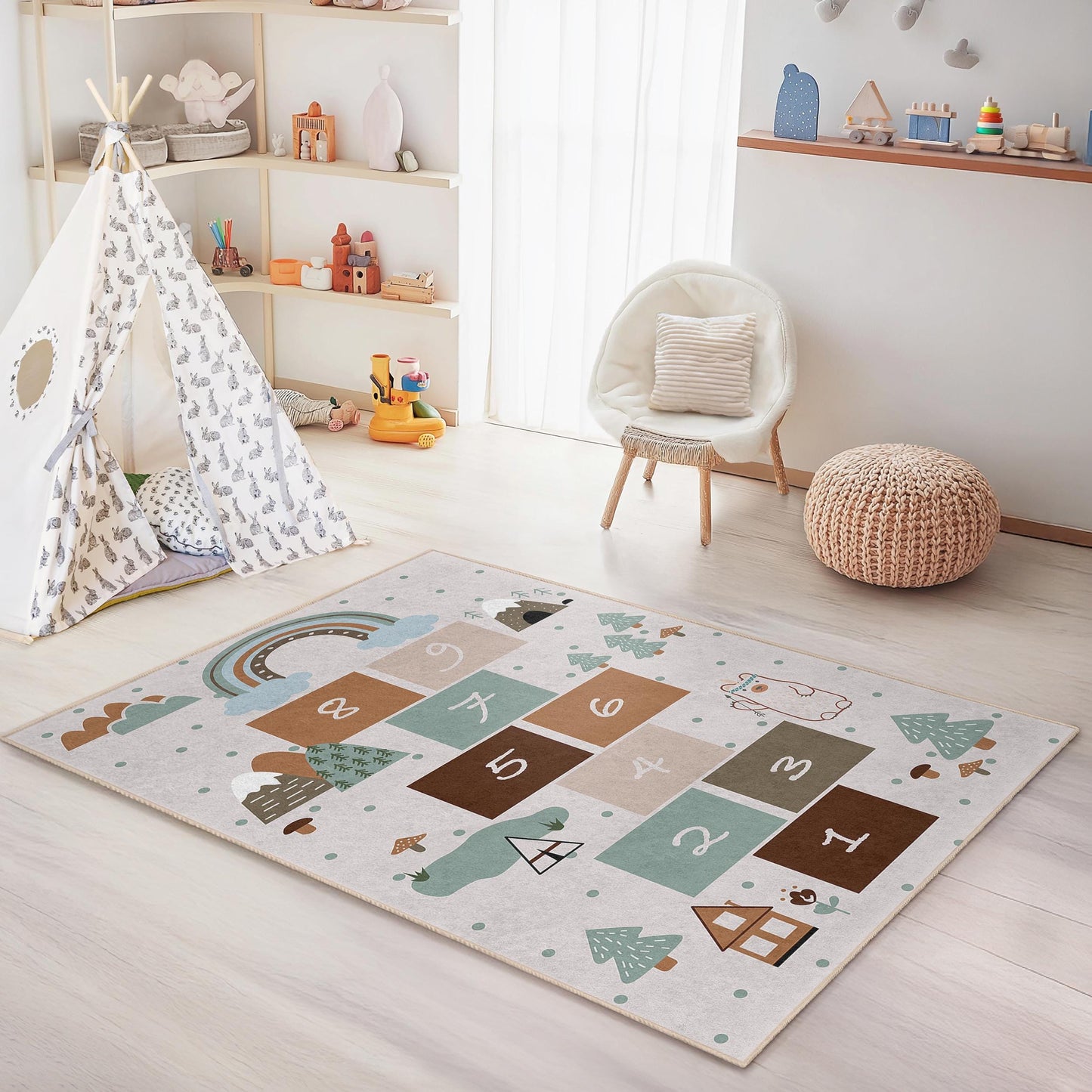 Whimsical Woodland Hopscotch Rug, Kids Room Decorative Carpet, Playroom Area Rug, Soft Rectangular Mat for Children