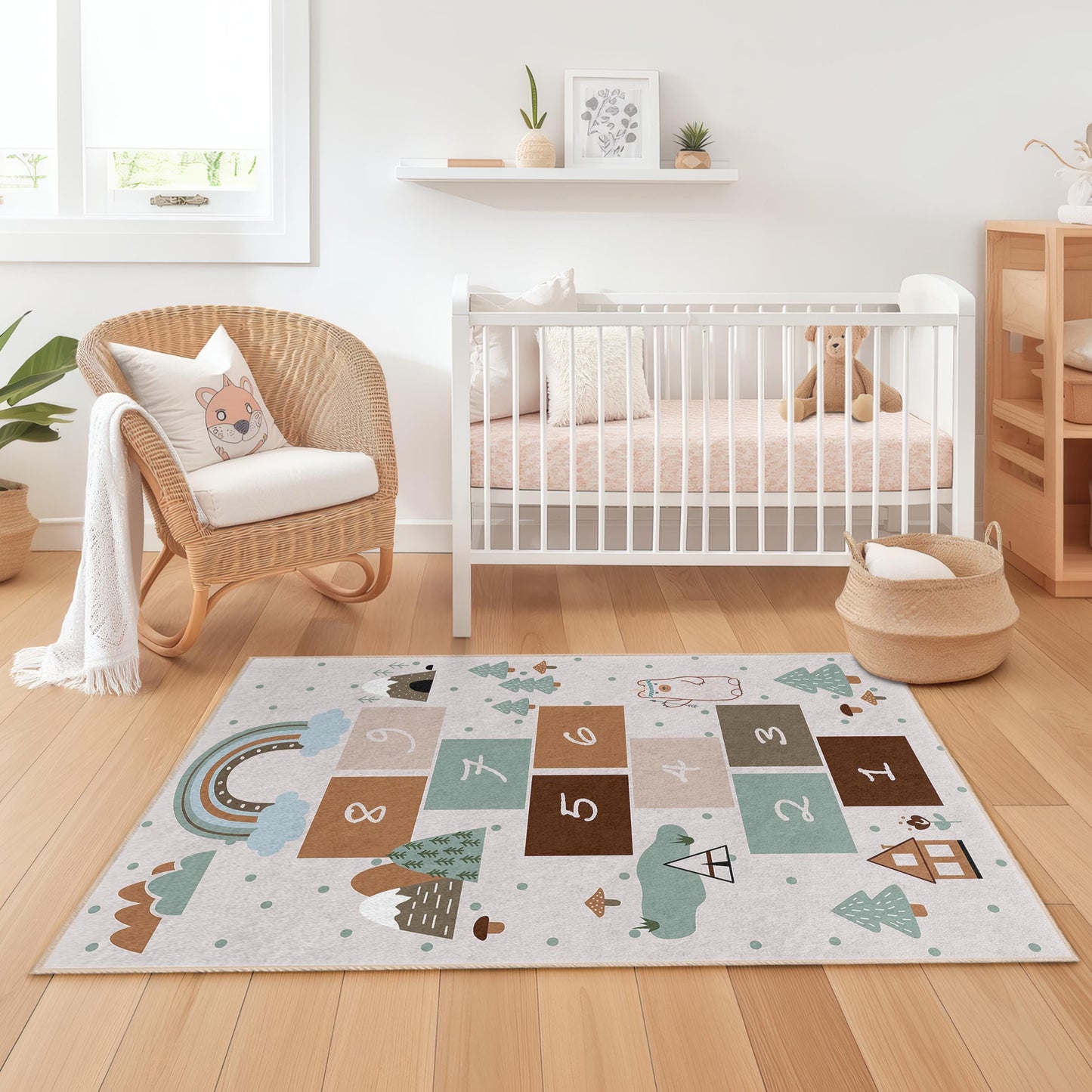 Whimsical Woodland Hopscotch Rug, Kids Room Decorative Carpet, Playroom Area Rug, Soft Rectangular Mat for Children
