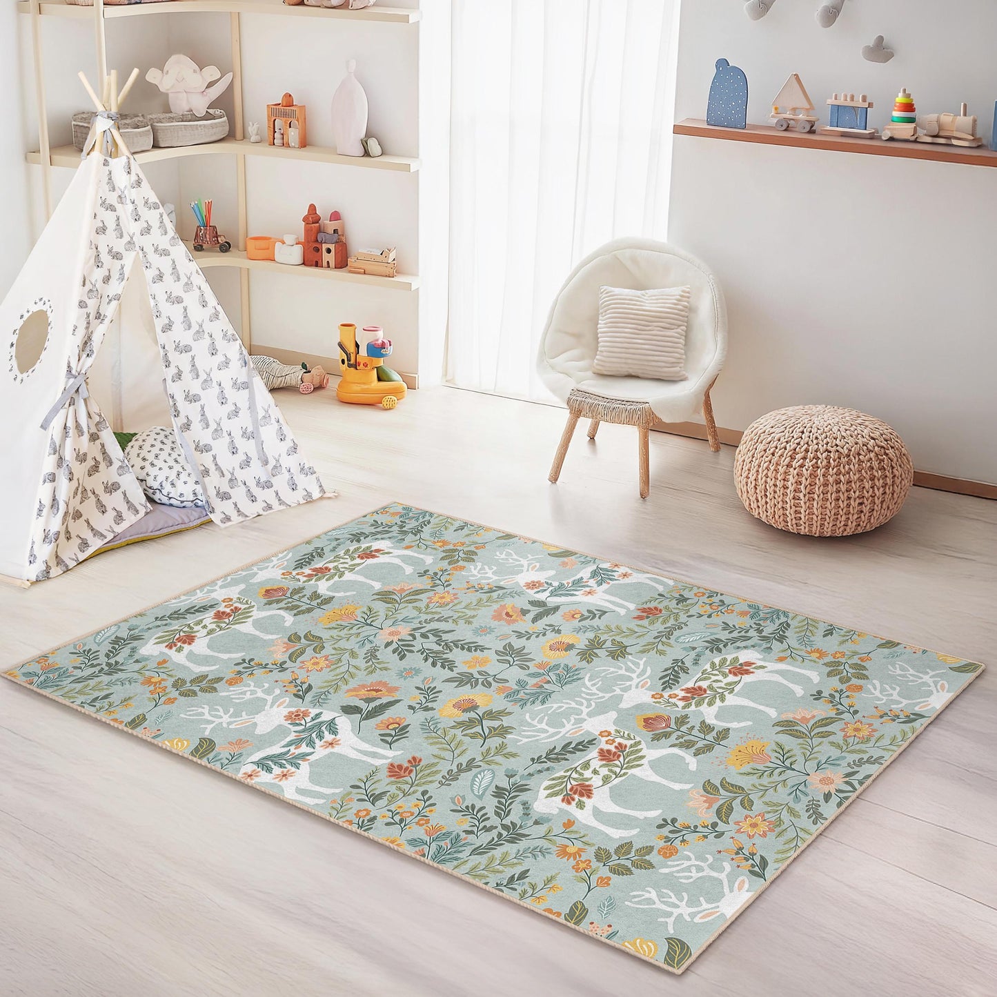 Floral Deer Pattern Rectangular Kids Rug, Nature Inspired Kids Carpet, Playroom Floor Mat, Nursery Rug, Floral Decor