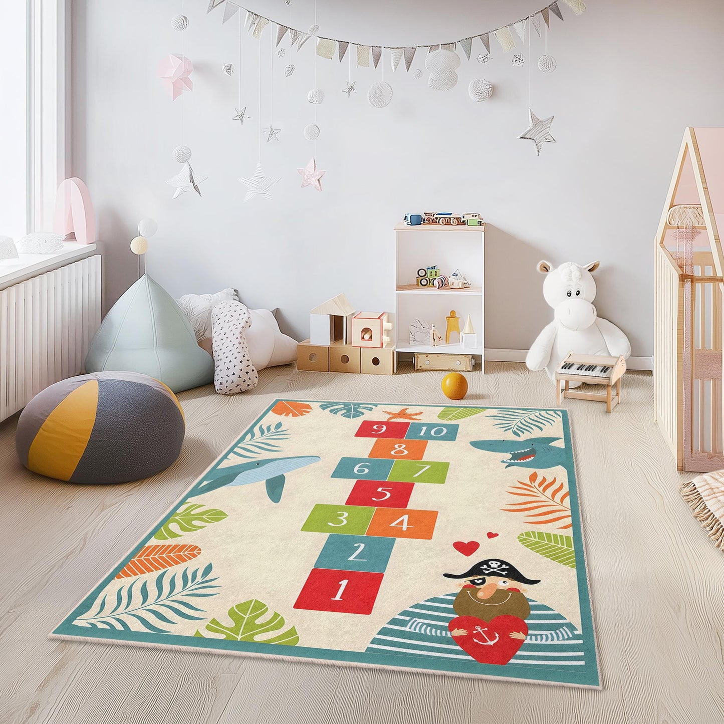 Colorful Pirate Adventure Kids Rug, Hopscotch Play Mat, Rectangular Kids Room Carpet, Fun Shark Decor, Nautical Nursery Rug