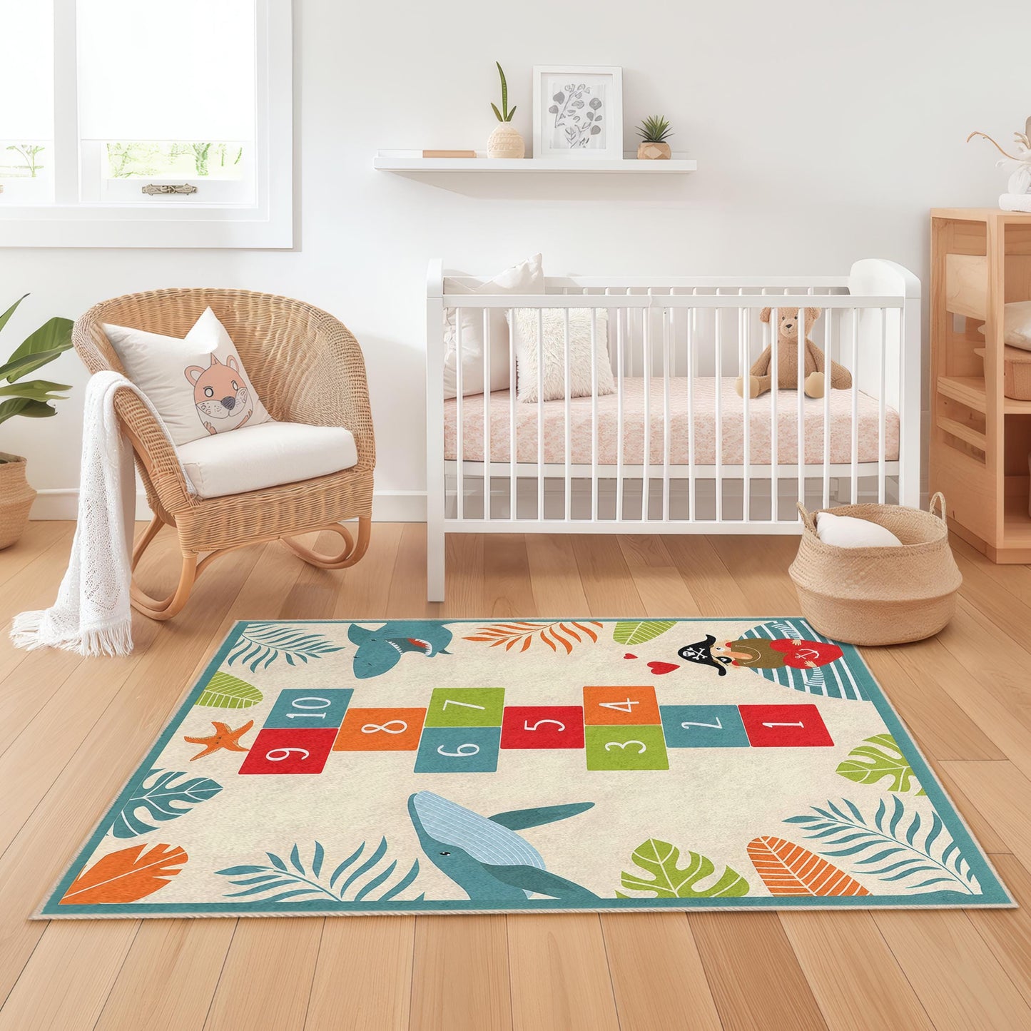 Colorful Pirate Adventure Kids Rug, Hopscotch Play Mat, Rectangular Kids Room Carpet, Fun Shark Decor, Nautical Nursery Rug