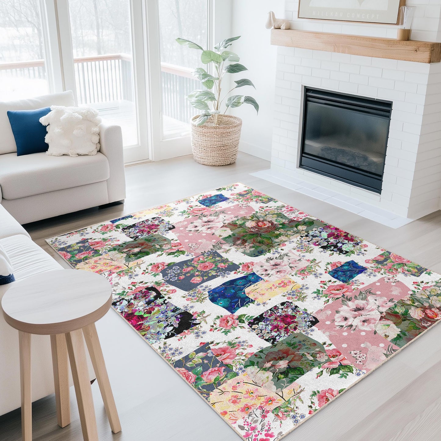 Vibrant Floral Patchwork Rectangular Area Rug, Bohemian Flower Carpet for Living Room, Soft Decorative Rug, Unique Home Decor