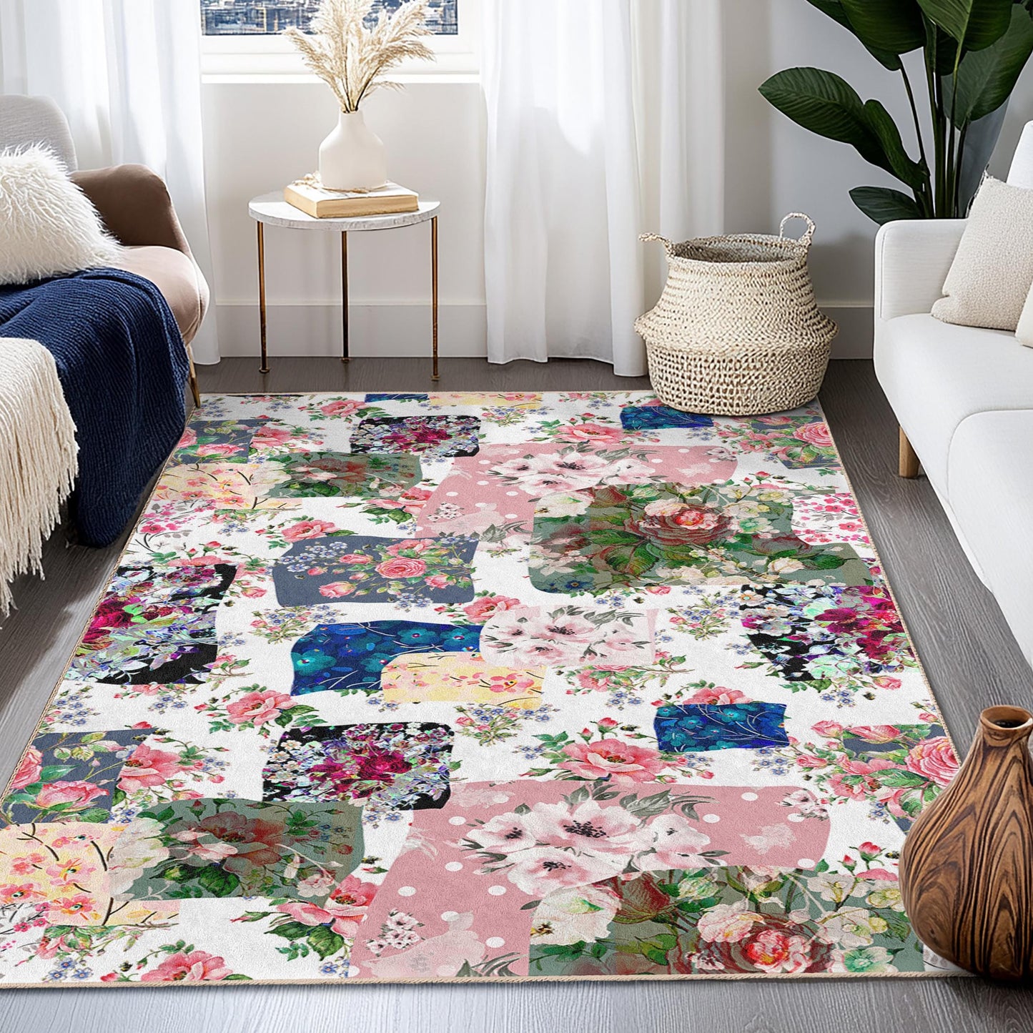 Vibrant Floral Patchwork Rectangular Area Rug, Bohemian Flower Carpet for Living Room, Soft Decorative Rug, Unique Home Decor