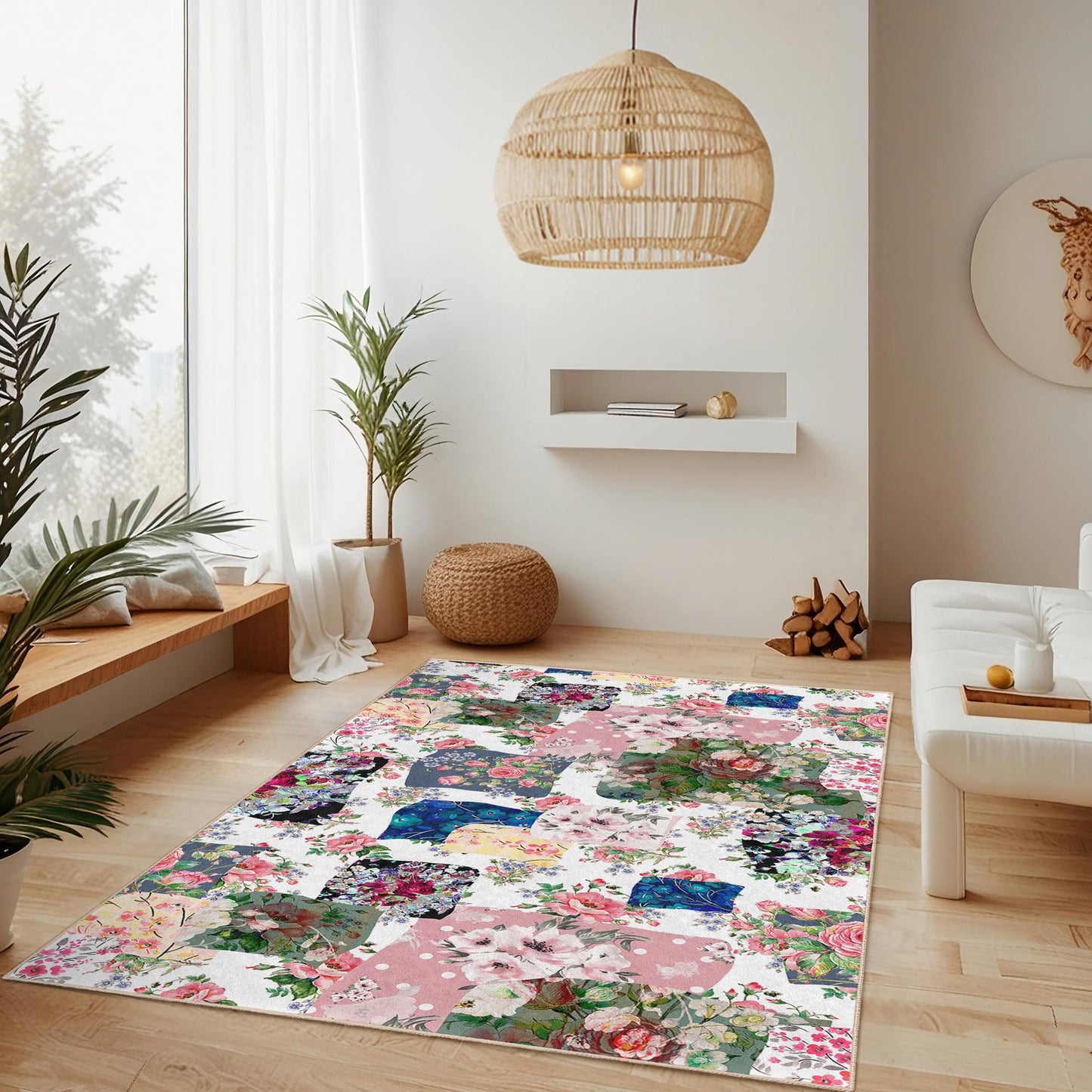Vibrant Floral Patchwork Rectangular Area Rug, Bohemian Flower Carpet for Living Room, Soft Decorative Rug, Unique Home Decor