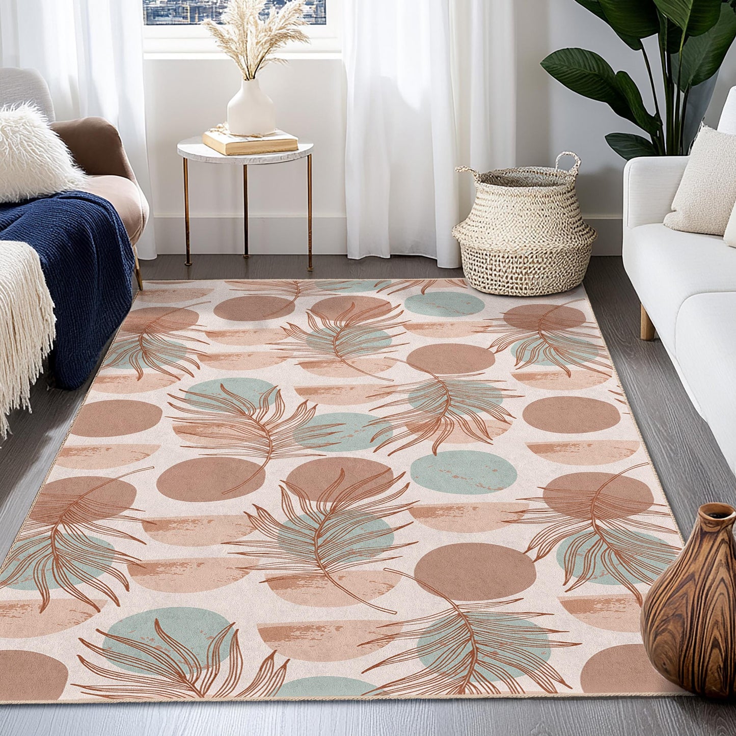 Bohemian Leaf Pattern Rectangle Area Rug, Modern Living Room Carpet, Indoor Decorative Rug, Soft Floor Mat for Home Decor
