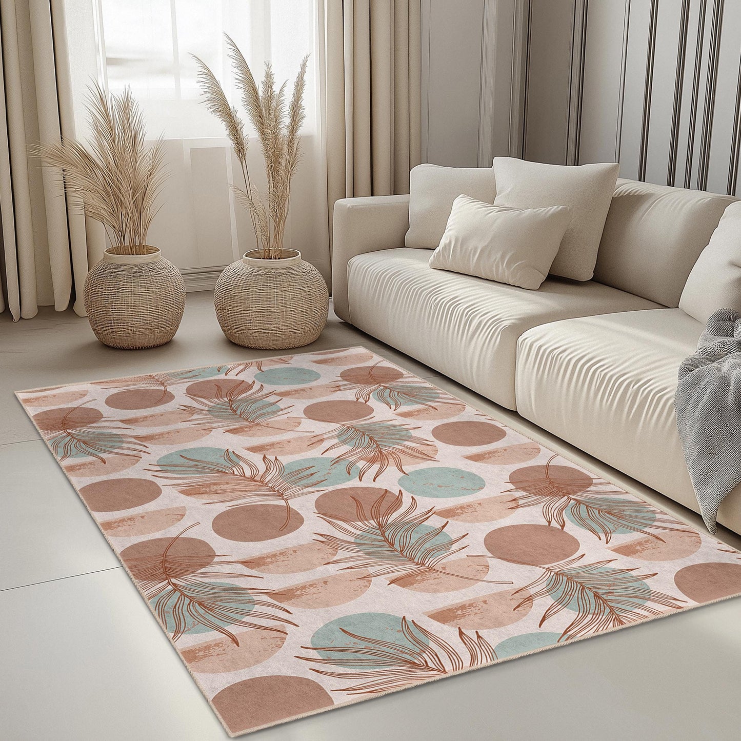 Bohemian Leaf Pattern Rectangle Area Rug, Modern Living Room Carpet, Indoor Decorative Rug, Soft Floor Mat for Home Decor