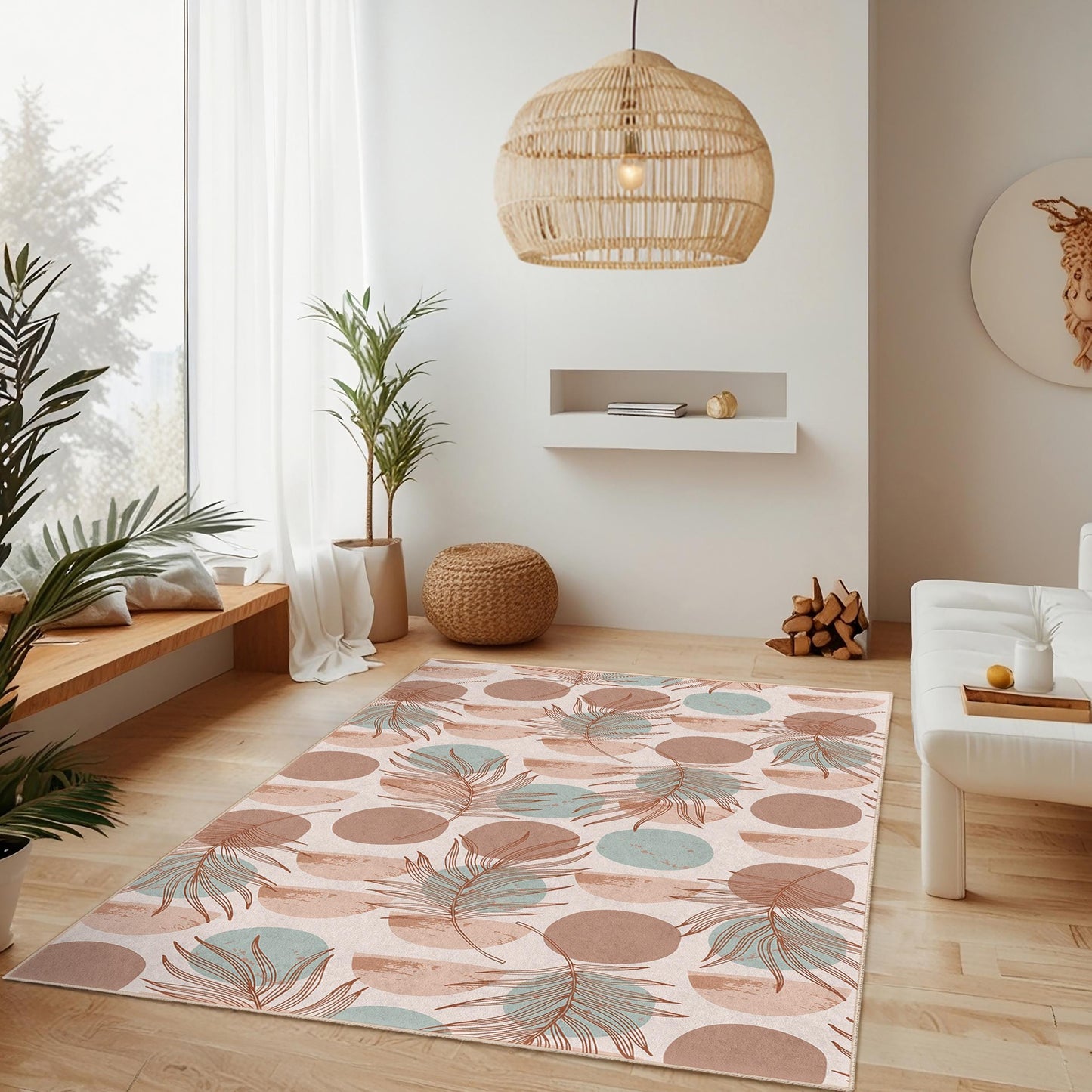 Bohemian Leaf Pattern Rectangle Area Rug, Modern Living Room Carpet, Indoor Decorative Rug, Soft Floor Mat for Home Decor
