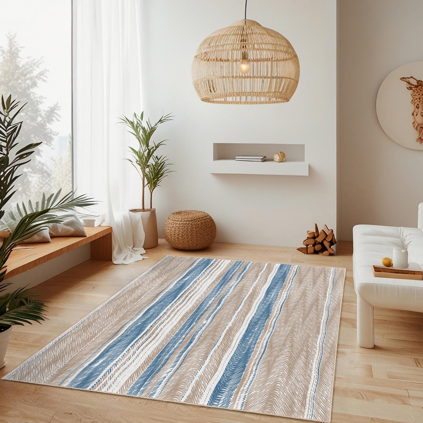 Elegant Striped Rectangle Area Rug, Modern Living Room Carpet, Soft Beige Blue Striped Rug, Stylish Home Decor, Cozy Room Mat