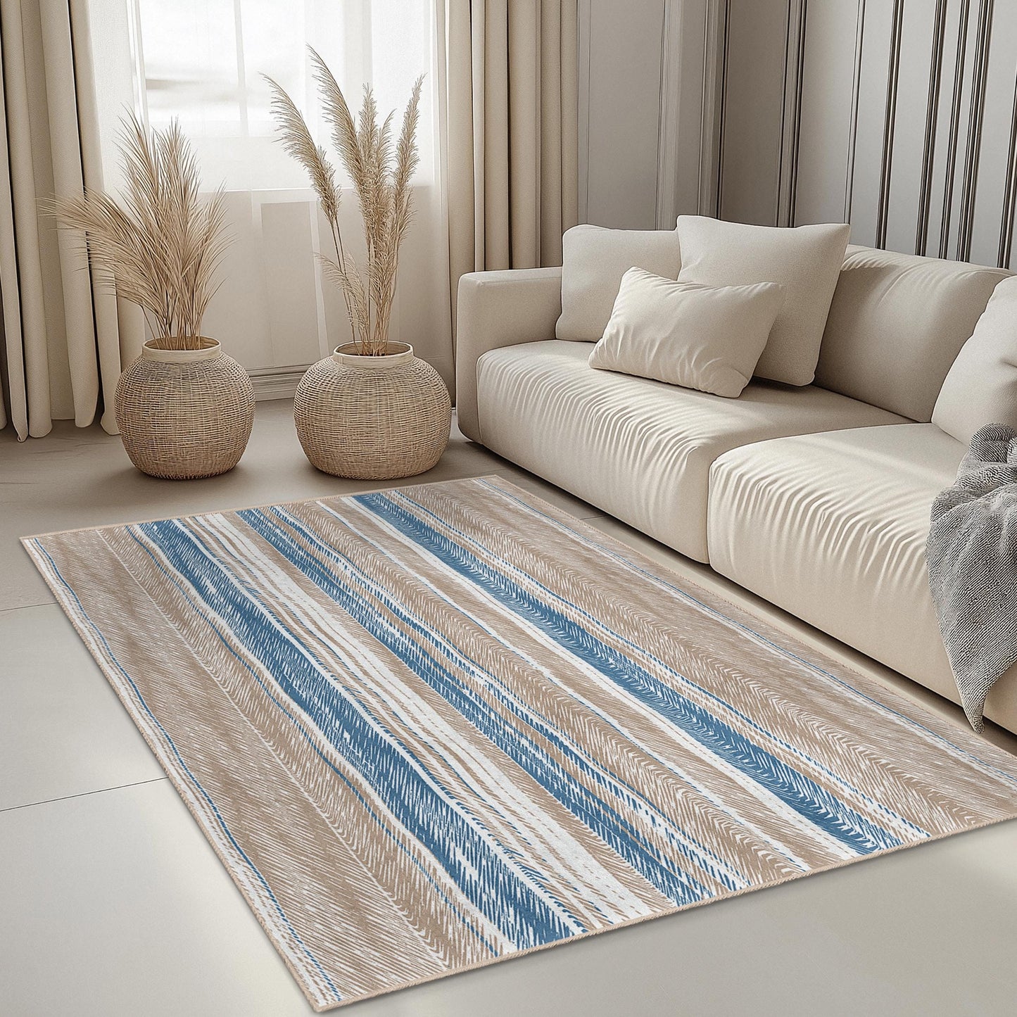 Elegant Striped Rectangle Area Rug, Modern Living Room Carpet, Soft Beige Blue Striped Rug, Stylish Home Decor, Cozy Room Mat