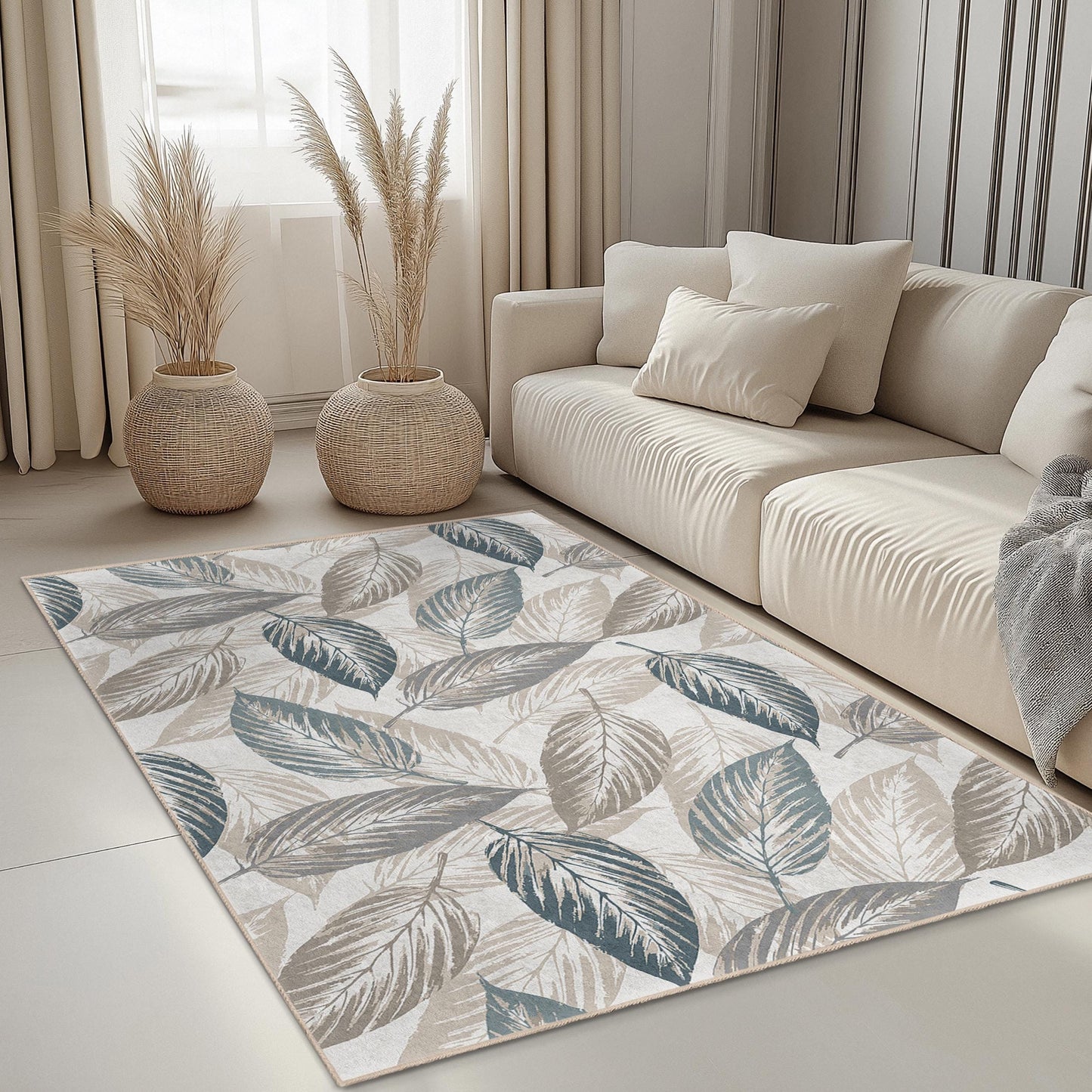 Elegant Leaf Pattern Rectangular Area Rug, Modern Leaf Design Rug, Living Room Carpet, Soft Indoor Rug, Home Decor
