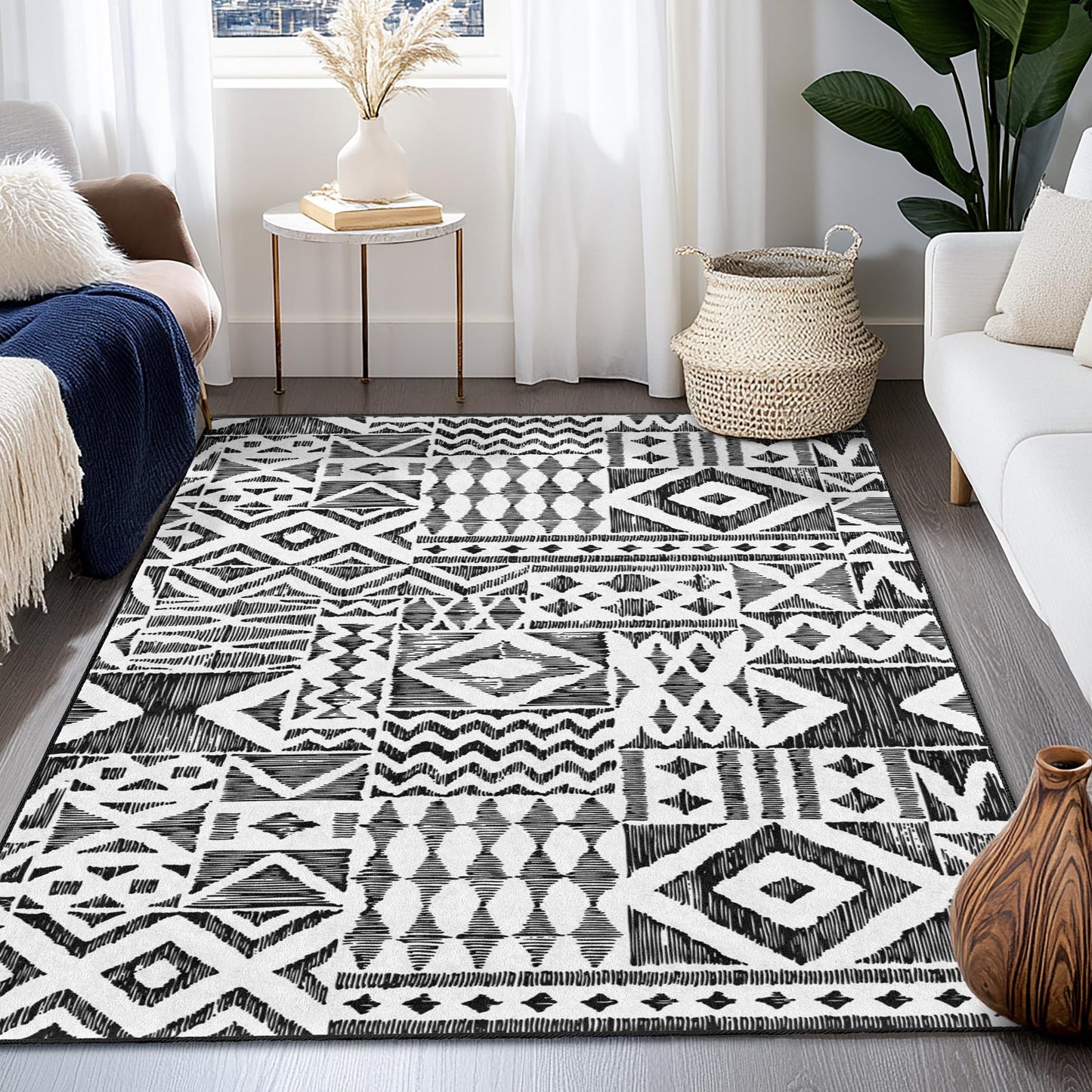 Bohemian Geometric Pattern Area Rug, Rectangle Carpet for Living Room, Modern Black and White Rug, Stylish Home Decor