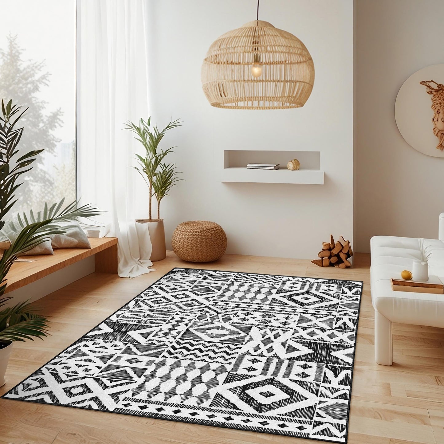 Bohemian Geometric Pattern Area Rug, Rectangle Carpet for Living Room, Modern Black and White Rug, Stylish Home Decor