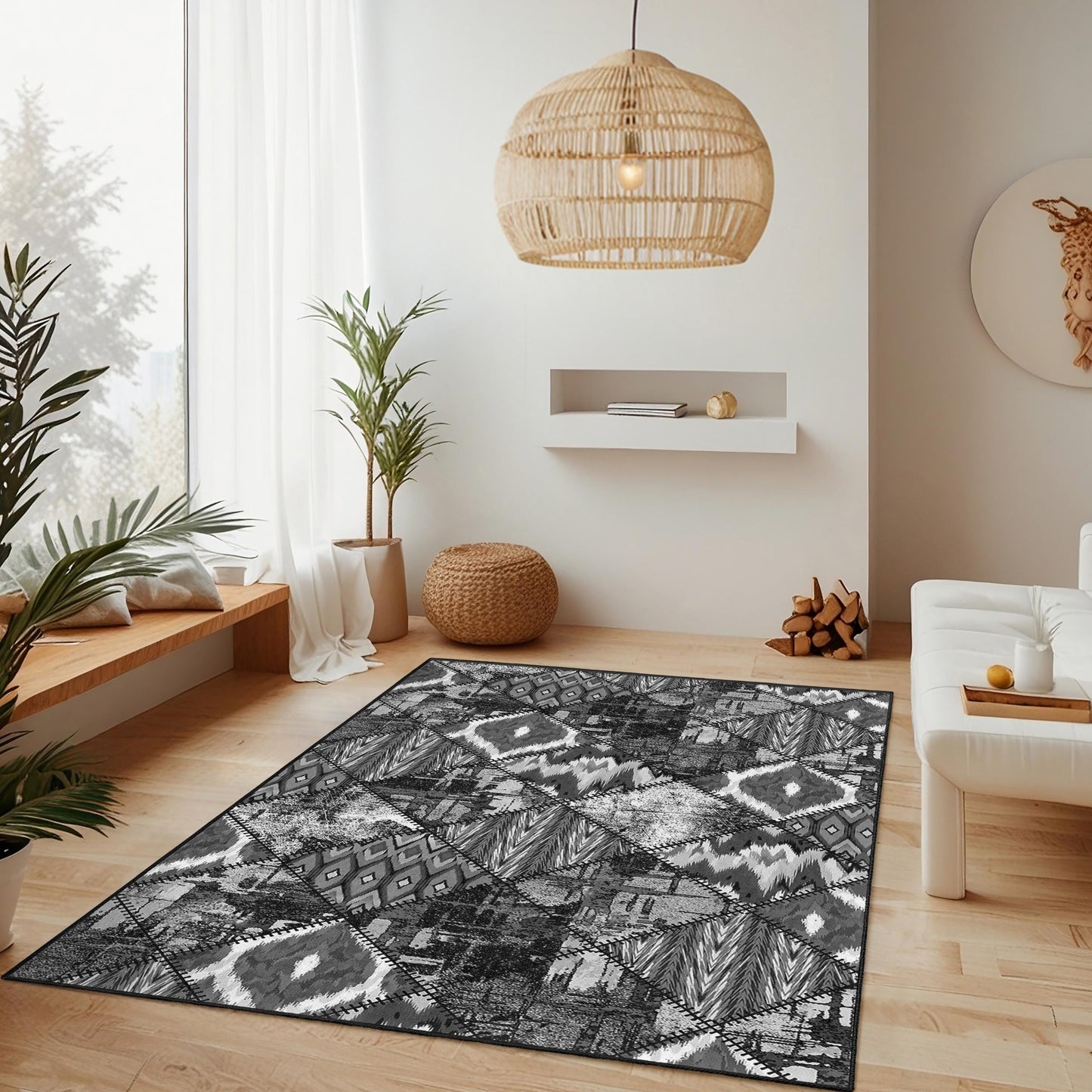 Black and White Geometric Area Rug: Modern Diamond Pattern Carpet