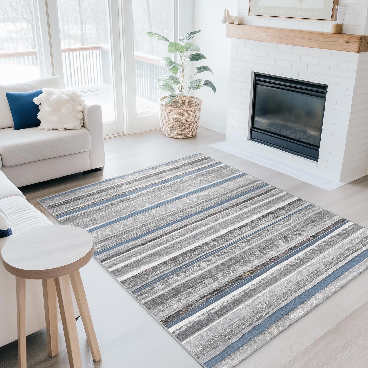 Elegant Striped Area Rug, Rectangle Living Room Carpet, Stylish Home Decor, Modern Grey and Blue Rug, Soft Indoor Rug