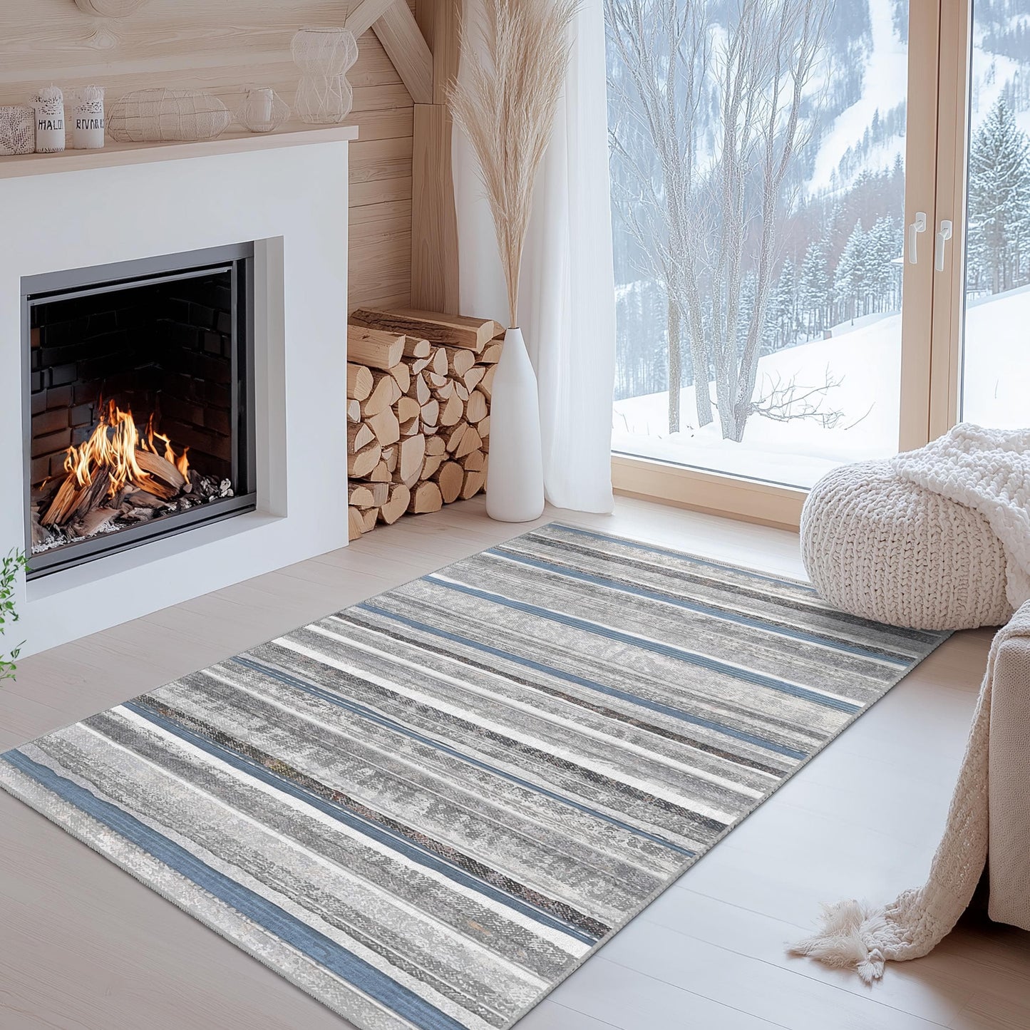 Elegant Striped Area Rug, Rectangle Living Room Carpet, Stylish Home Decor, Modern Grey and Blue Rug, Soft Indoor Rug