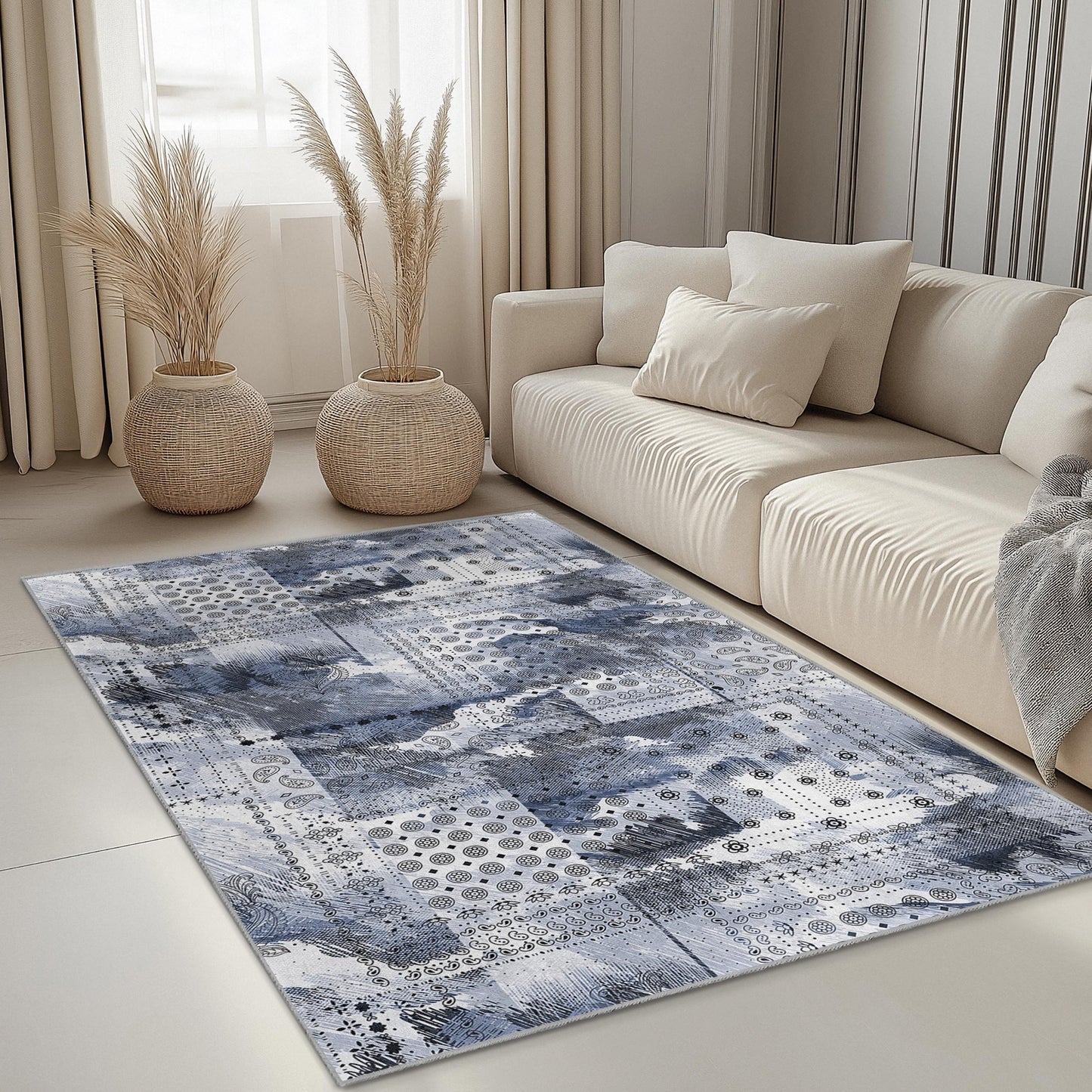 Abstract Geometric Area Rug: Modern Art, Blue & Grey