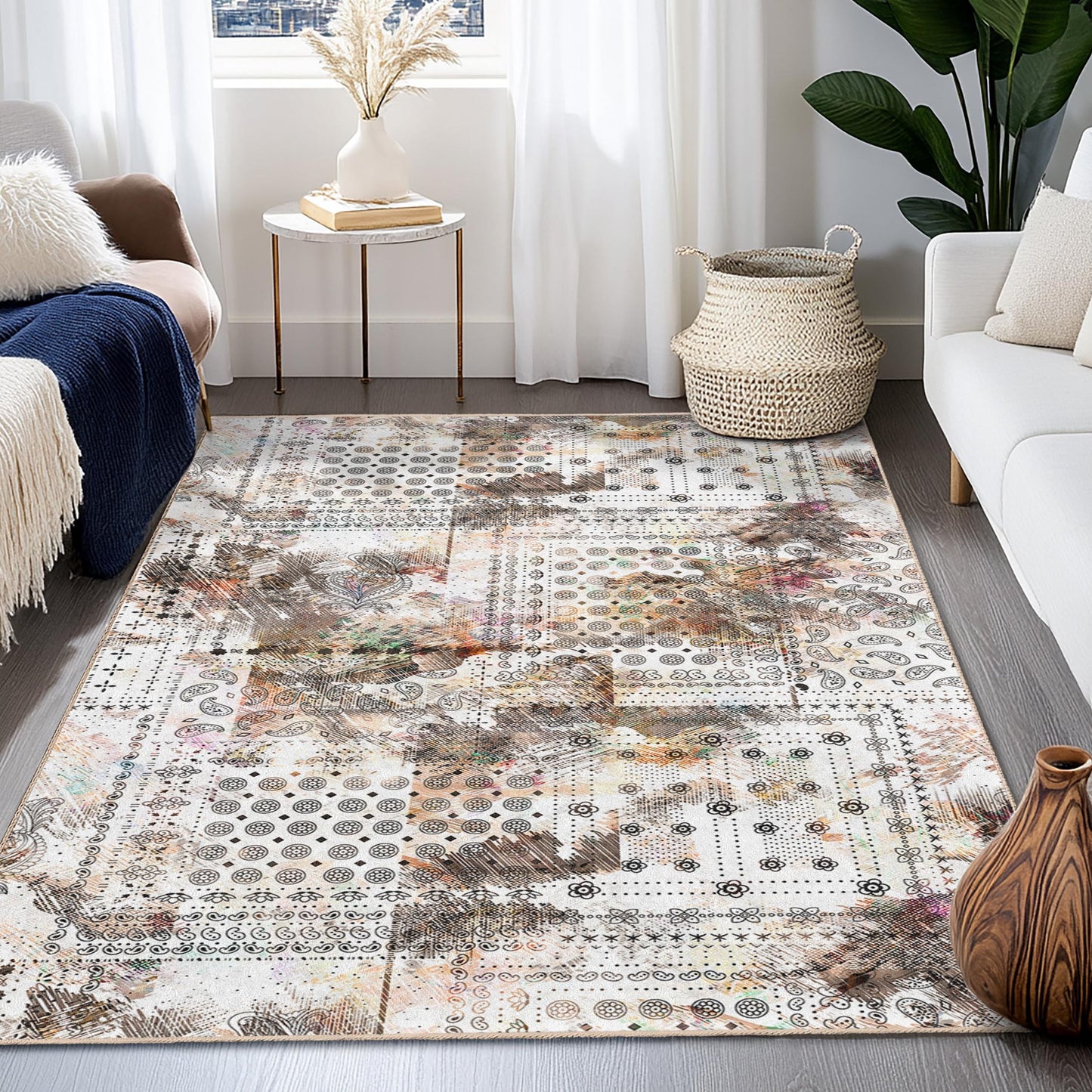 Abstract Floral Pattern Rectangular Area Rug, Modern Design Carpet for Kids Room, Playroom, Living Room, Soft Indoor Rug