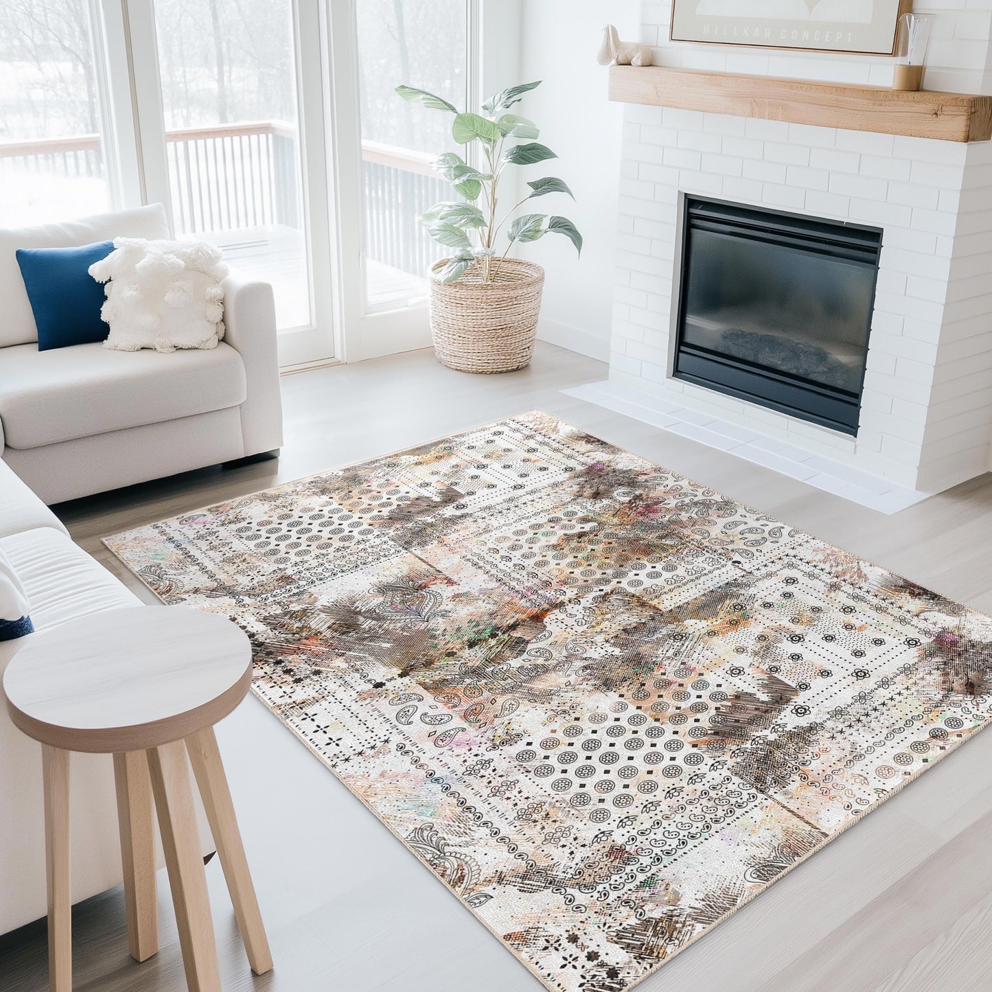 Abstract Floral Pattern Rectangular Area Rug, Modern Design Carpet for Kids Room, Playroom, Living Room, Soft Indoor Rug