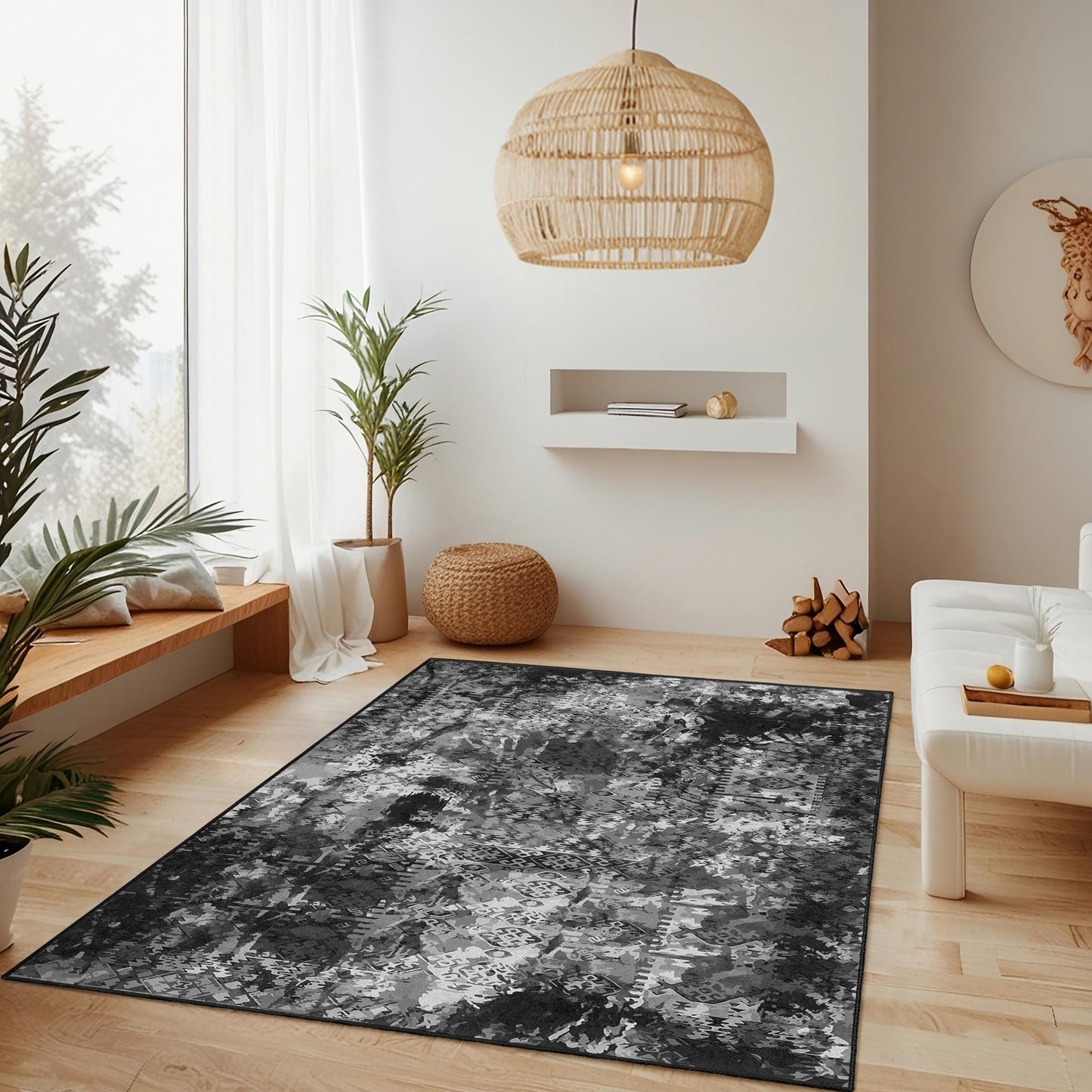 Abstract Black and White Rectangular Area Rug, Modern Patterned Rug, Decorative Living Room Rug, Stylish Bedroom Carpet, Home Decor