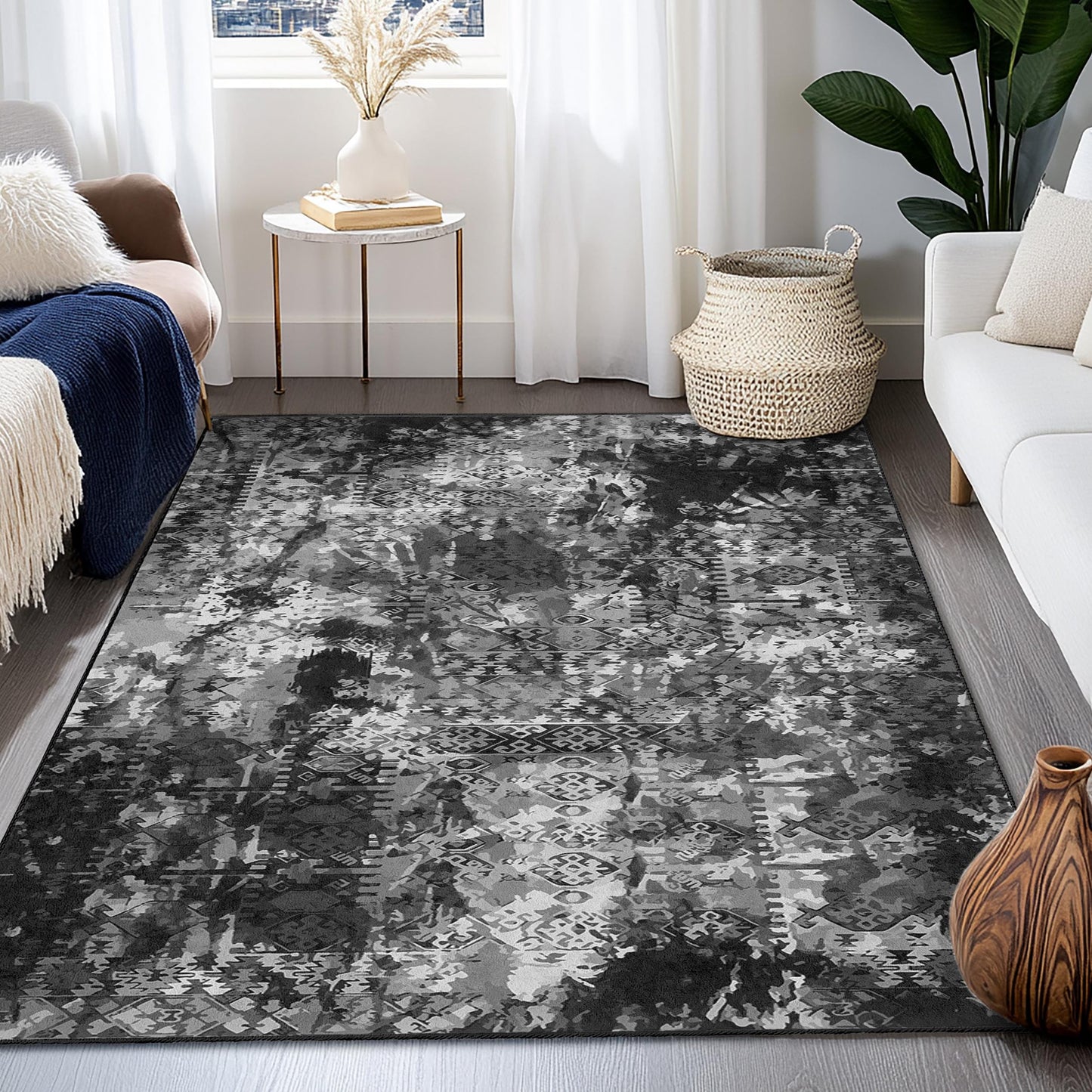 Abstract Black and White Rectangular Area Rug, Modern Patterned Rug, Decorative Living Room Rug, Stylish Bedroom Carpet, Home Decor