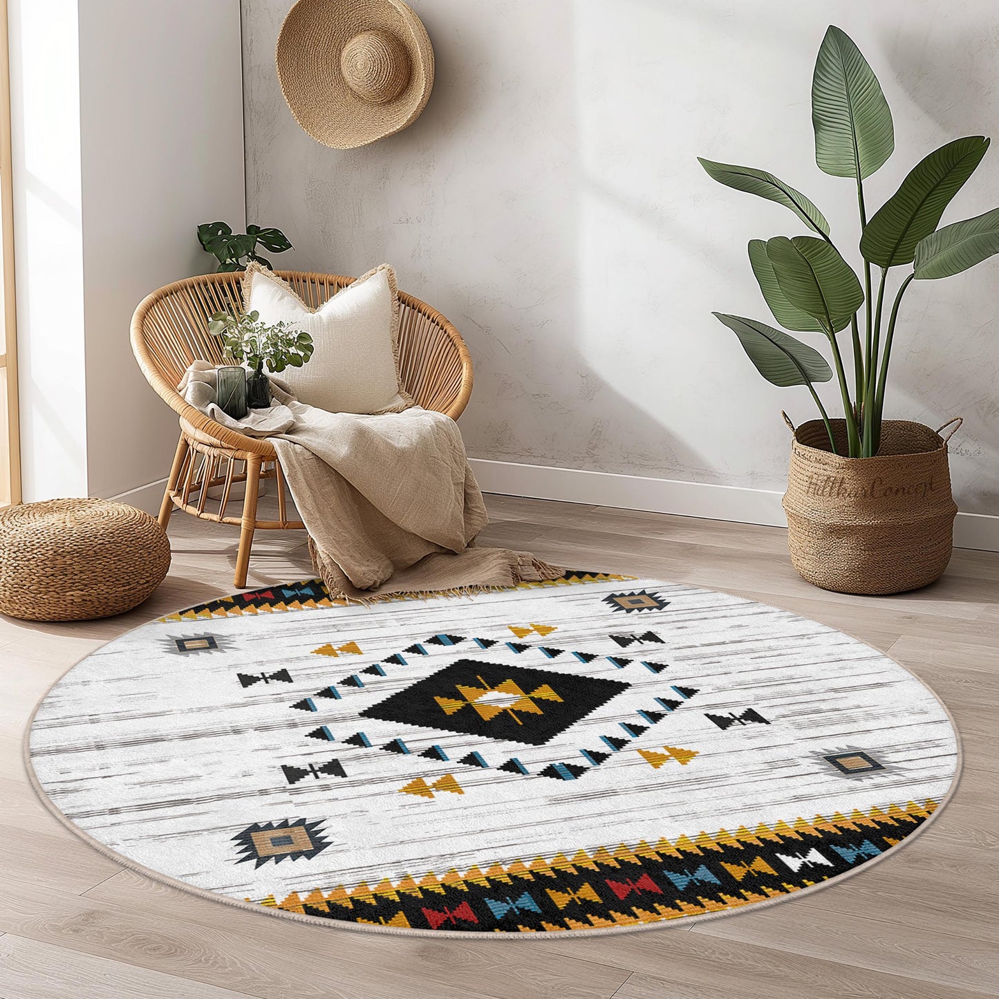 Bohemian Round Area Rug with Geometric Patterns, Soft Circle Rug for Living Room, Stylish Round Carpet for Home Decor