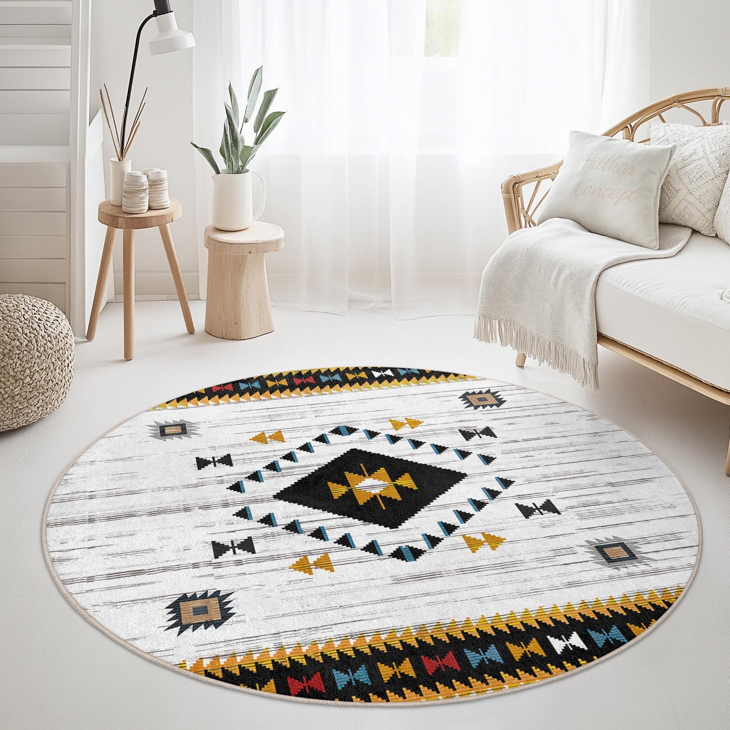 Bohemian Round Area Rug with Geometric Patterns, Soft Circle Rug for Living Room, Stylish Round Carpet for Home Decor