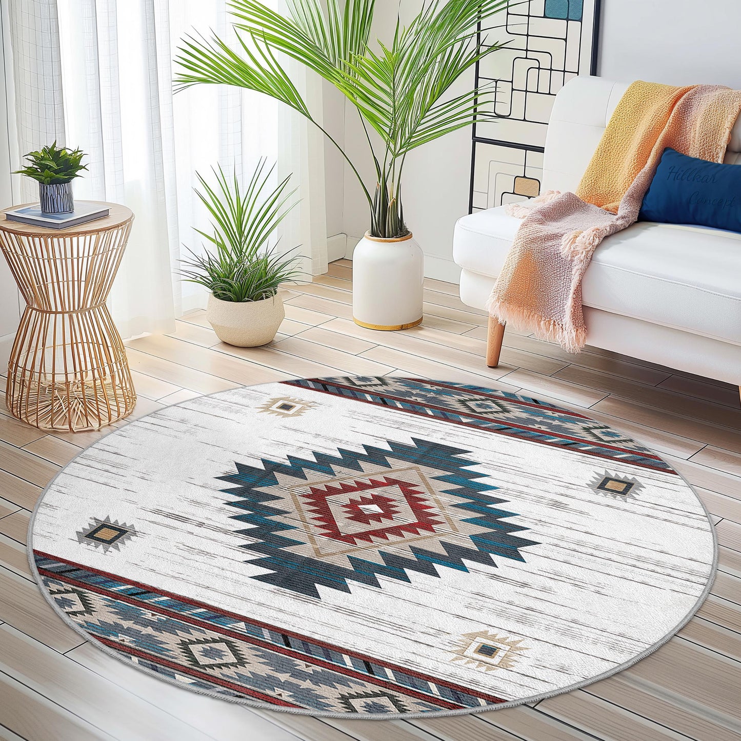 Bohemian Round Area Rug, Geometric Pattern Rug, Cozy Living Room Decor, Soft Bedroom Carpet, Stylish Round Rug for Home
