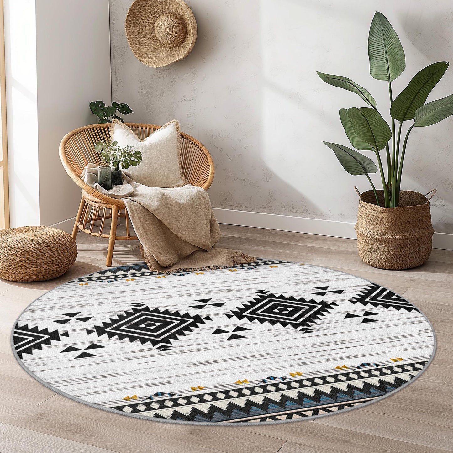 Geometric Bohemian Round Area Rug, Modern Circle Carpet, Tribal Pattern Floor Mat, Soft Living Room Decor, Home Accent Rug