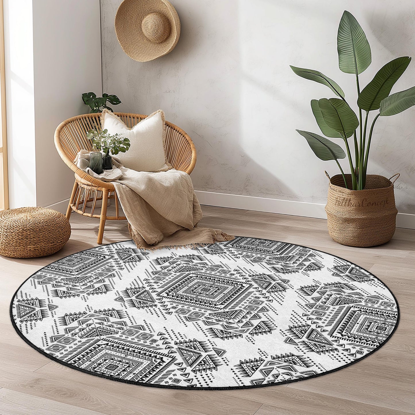 Geometric Black and White Round Area Rug, Modern Tribal Circle Rug, Bohemian Decor, Soft Living Room Rug, Unique Home Flooring
