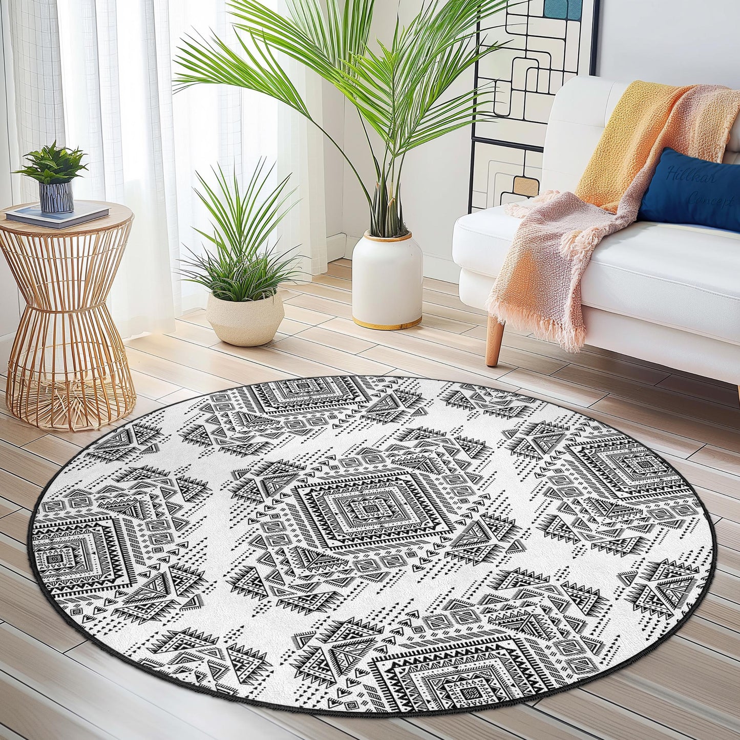 Geometric Black and White Round Area Rug, Modern Tribal Circle Rug, Bohemian Decor, Soft Living Room Rug, Unique Home Flooring