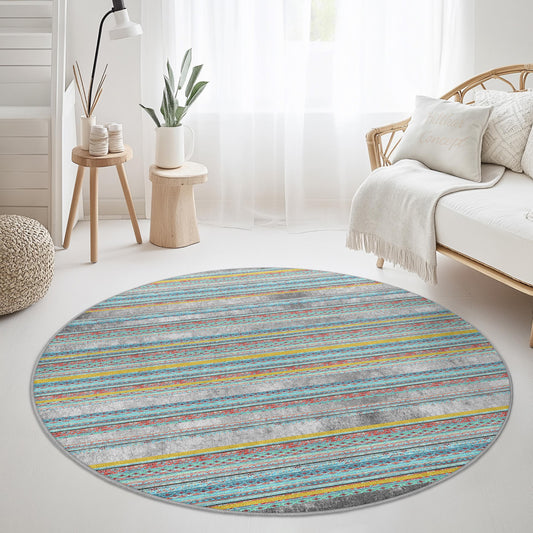 Colorful Striped Round Area Rug for Kids Room, Soft and Cozy Play Mat, Nursery Decor, Vibrant Round Carpet for Playroom