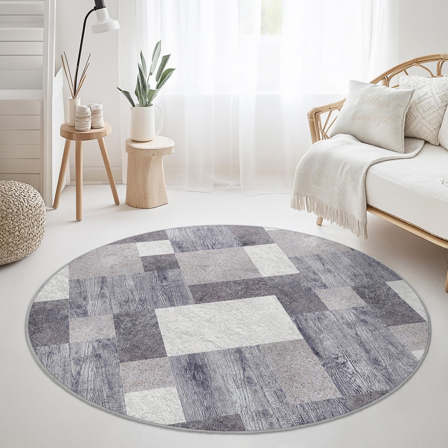 Modern Geometric Round Area Rug, Stylish Grey Round Carpet, Soft Living Room Rug, Contemporary Round Rug, Unique Home Decor