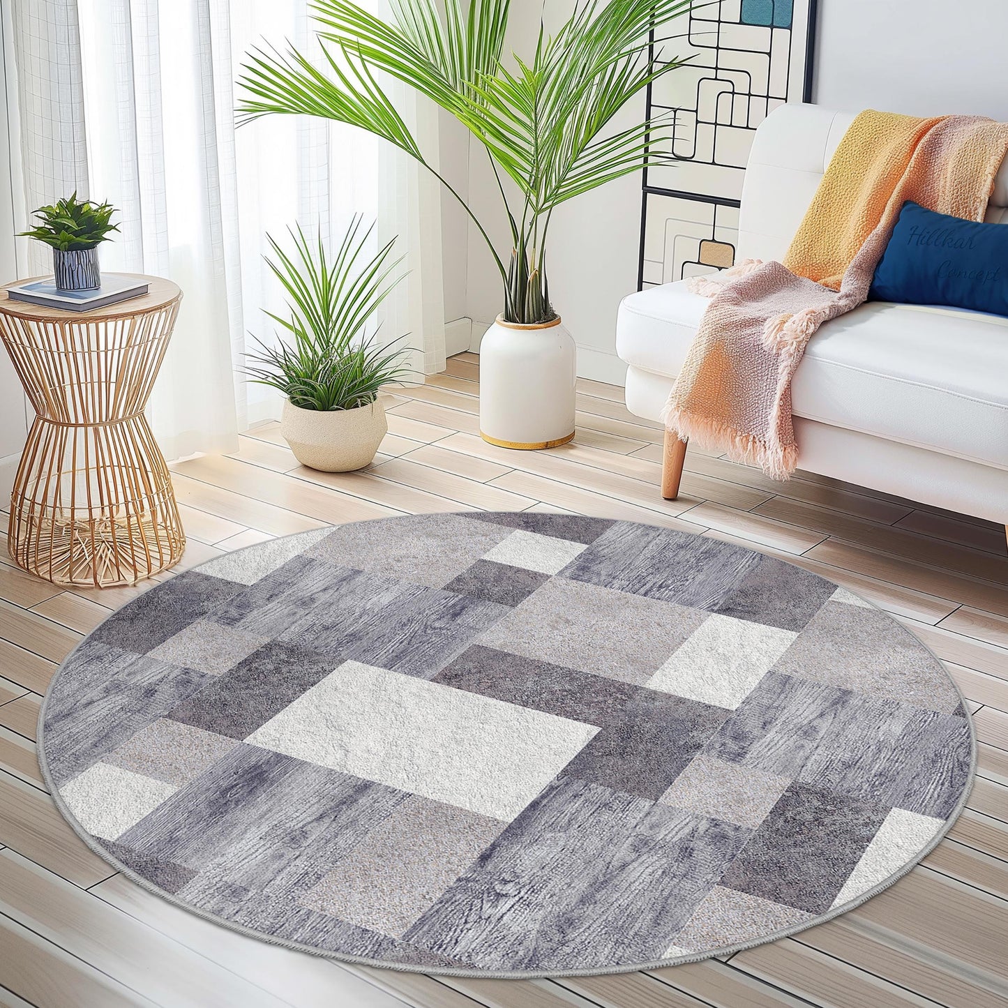 Modern Geometric Round Area Rug, Stylish Grey Round Carpet, Soft Living Room Rug, Contemporary Round Rug, Unique Home Decor