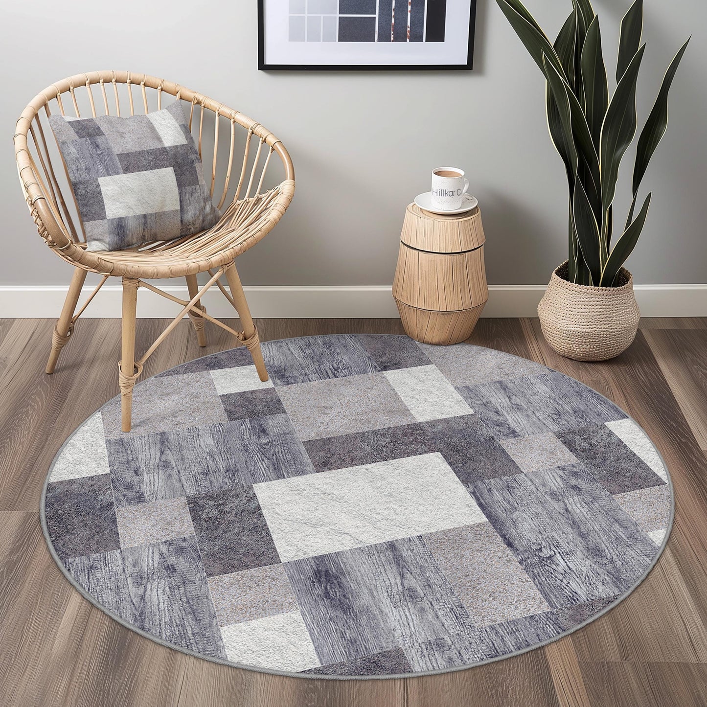 Modern Geometric Round Area Rug, Stylish Grey Round Carpet, Soft Living Room Rug, Contemporary Round Rug, Unique Home Decor