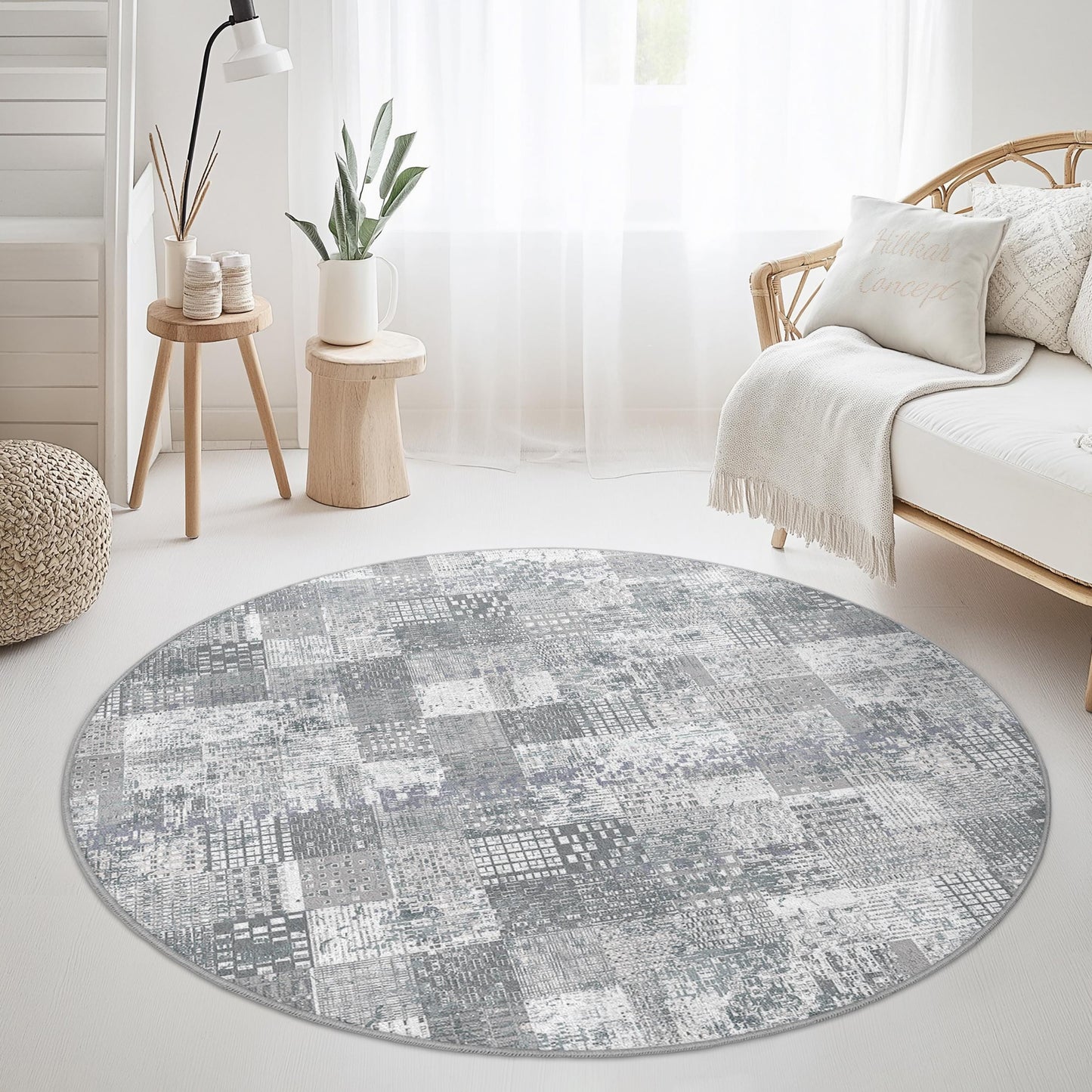 Modern Geometric Round Area Rug, Gray Patchwork Round Carpet, Soft Living Room Rug, Contemporary Home Decor, Stylish Round Rug