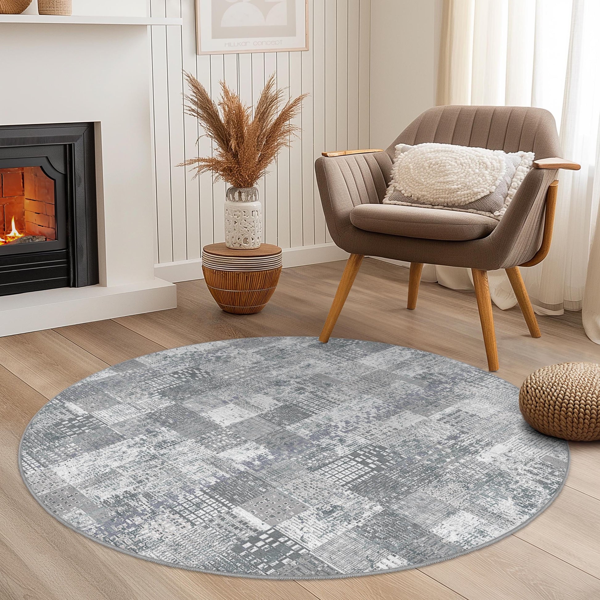 Modern Geometric Round Area Rug, Gray Patchwork Round Carpet, Soft Living Room Rug, Contemporary Home Decor, Stylish Round Rug