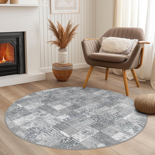 Modern Geometric Round Area Rug, Gray Patchwork Round Carpet, Soft Living Room Rug, Contemporary Home Decor, Stylish Round Rug