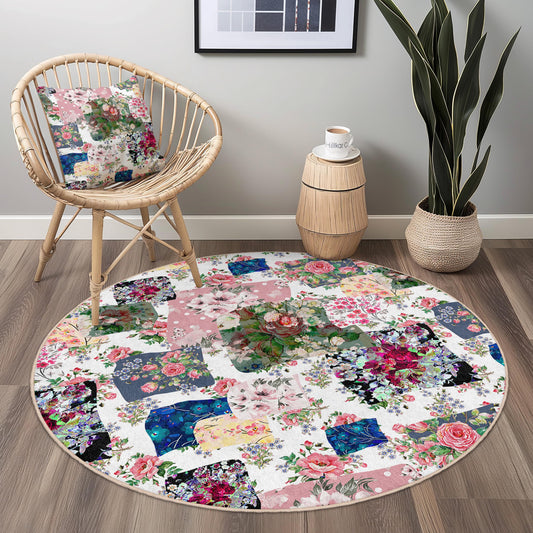 Floral Patchwork Round Area Rug, Vintage Flower Carpet, Round Rug for Living Room, Boho Decor, Soft Floral Rug for Home