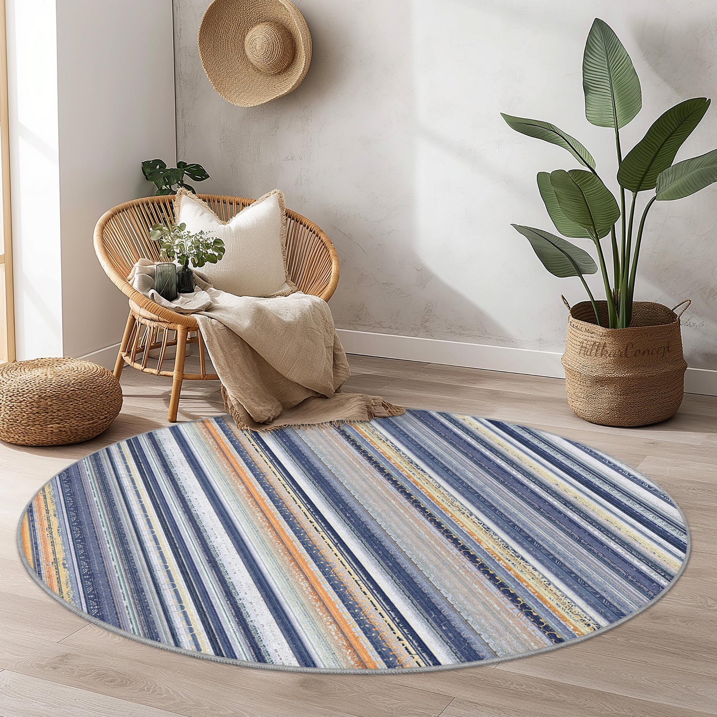 Nautical Striped Round Rug, Blue and Beige Area Rug, Coastal Decor for Kids Room, Soft Circular Rug, Beach House Rug