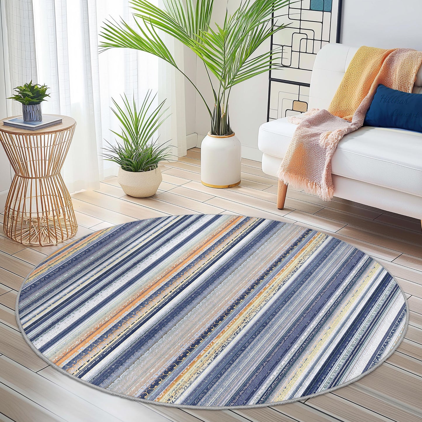Nautical Striped Round Rug, Blue and Beige Area Rug, Coastal Decor for Kids Room, Soft Circular Rug, Beach House Rug