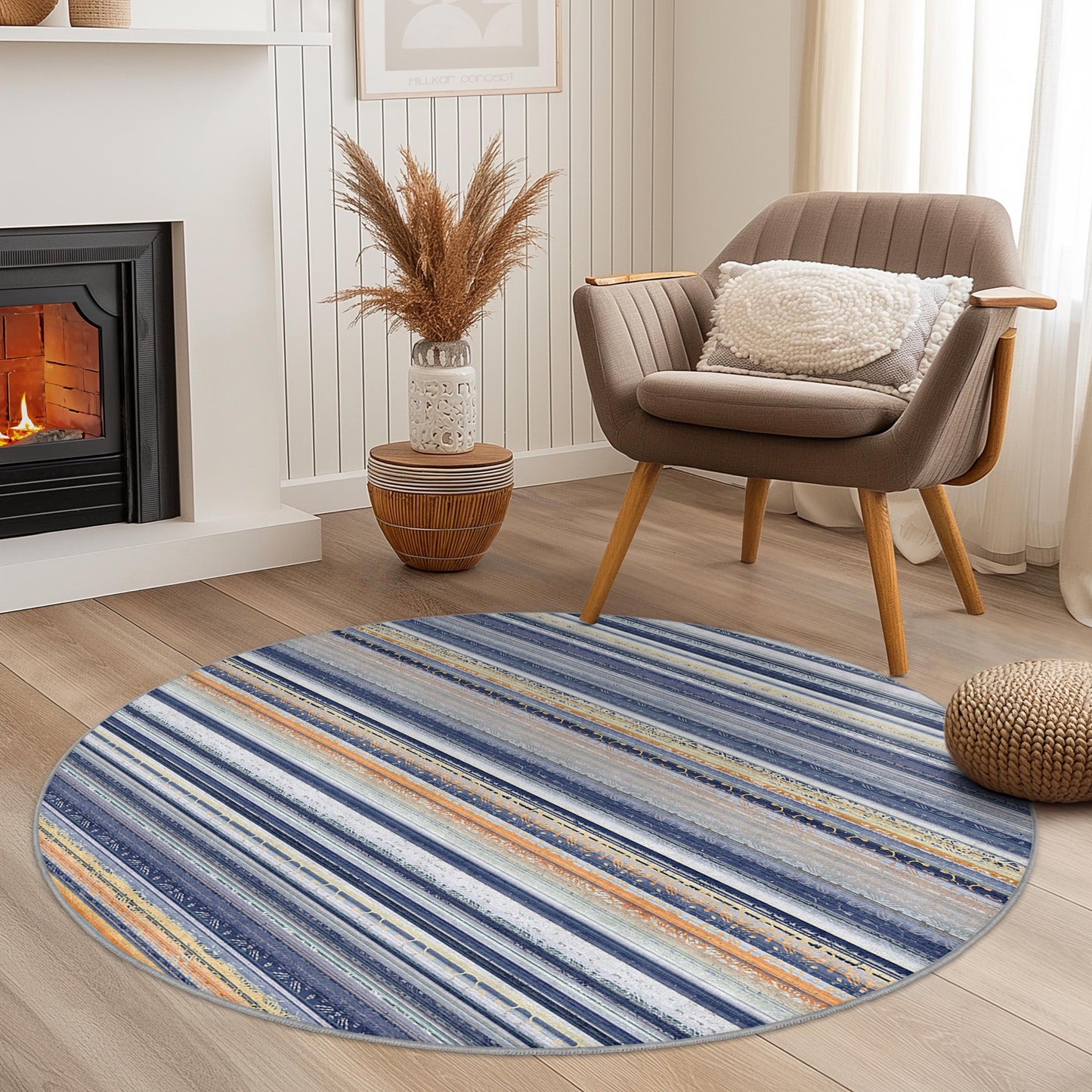 Nautical Striped Round Rug, Blue and Beige Area Rug, Coastal Decor for Kids Room, Soft Circular Rug, Beach House Rug
