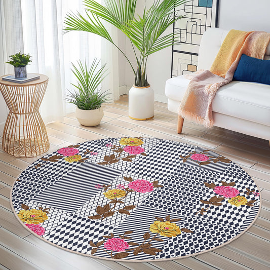 Floral Patchwork Round Rug, Colorful Flower Area Rug, Bohemian Round Carpet, Living Room Decor, Playroom Rug, Soft Round Mat